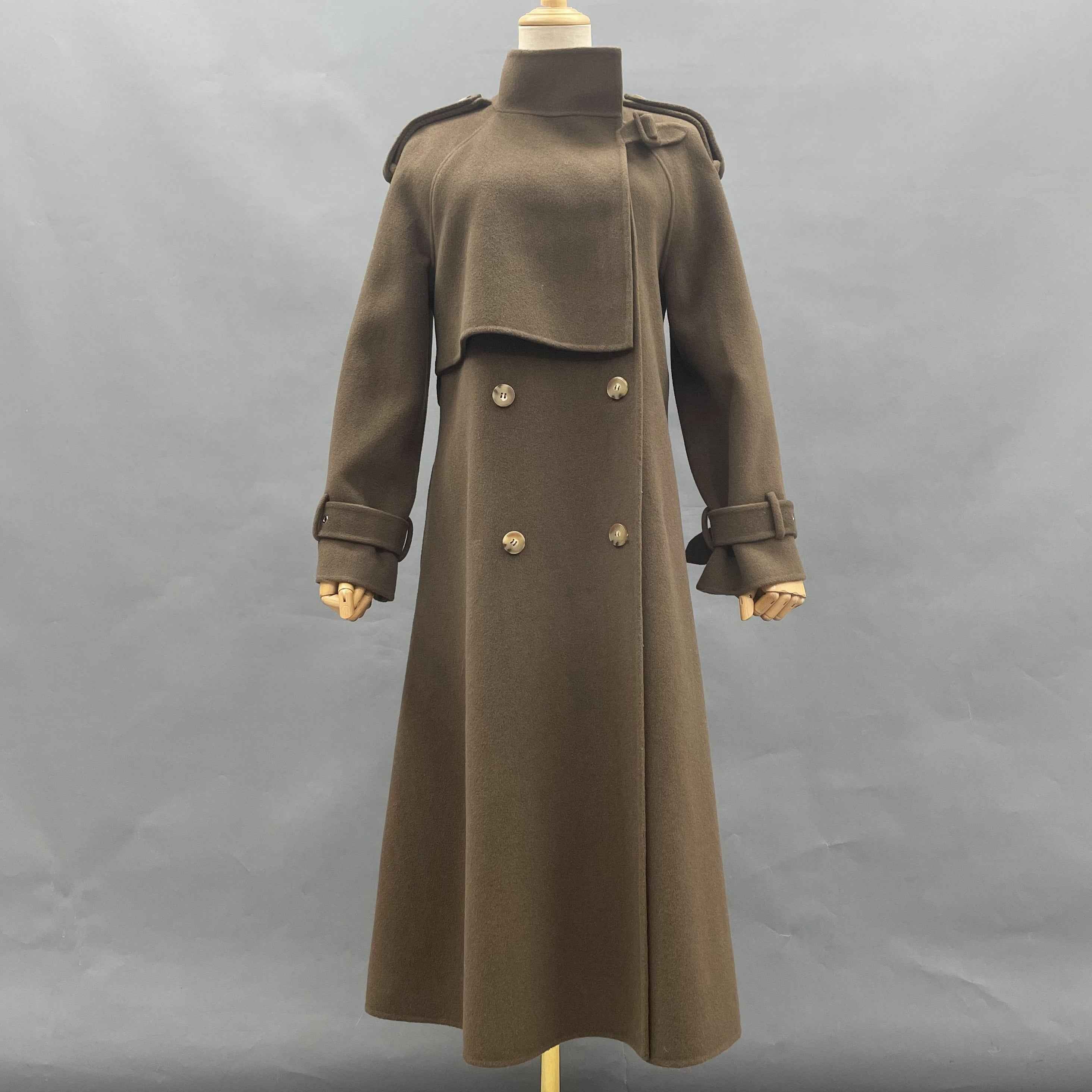 Elegant Double-Breasted Cashmere Trench Coat – Long Wool Blend Overcoat for Women Dark Brown