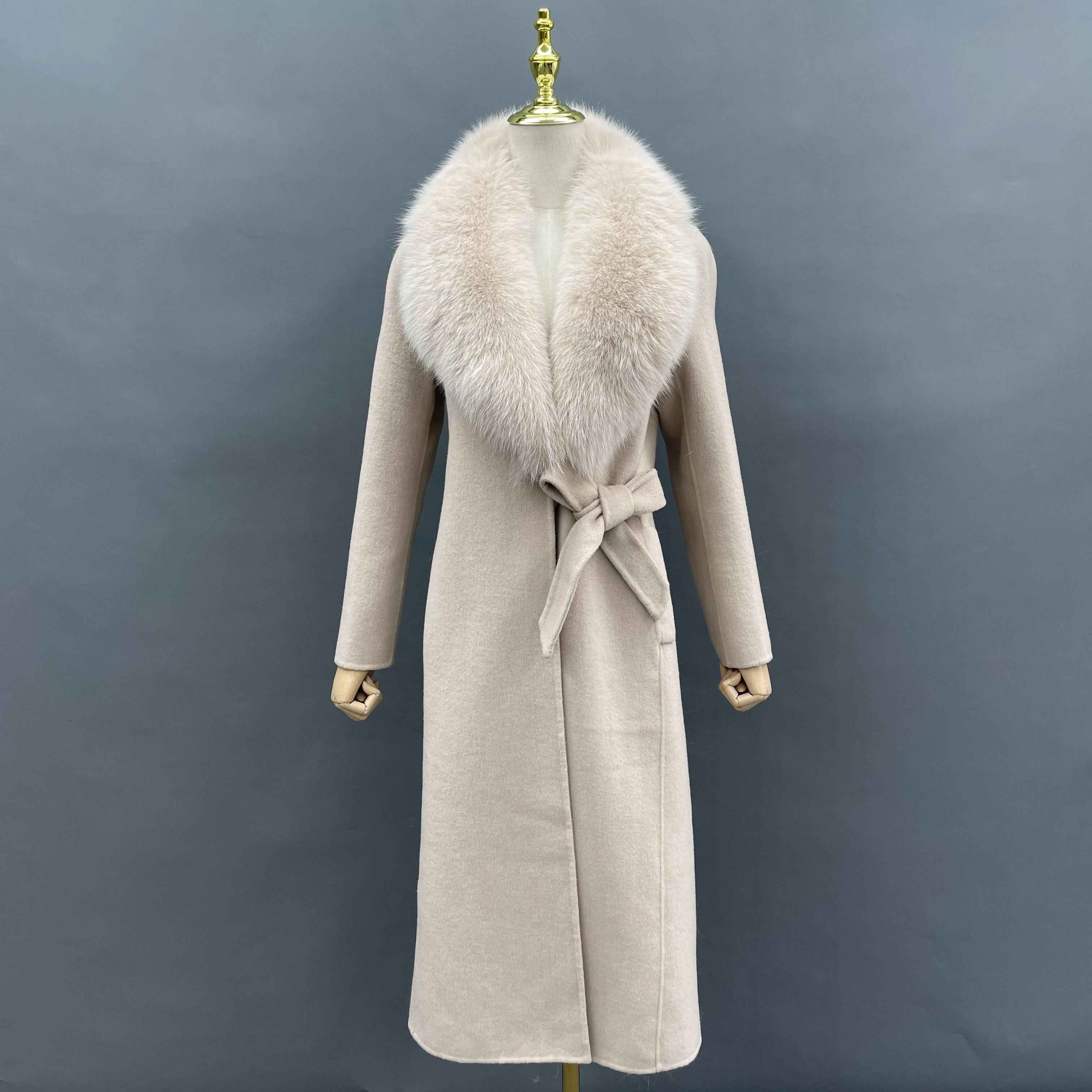 Women's Double-Faced Wool Coat with Shawl Collar, Side Tie & Waist-Defining Design - Fox Fur Trimmed Elegant Winter Outerwear Beige