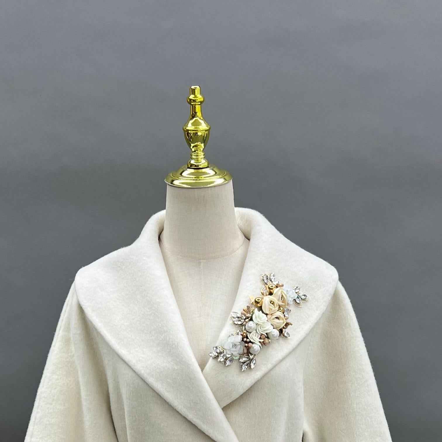 Cashmere Double Faced Coat with Rhinestone Brooch, Fox Fur Collar, Fox Fur Cuffs and Tie Belt