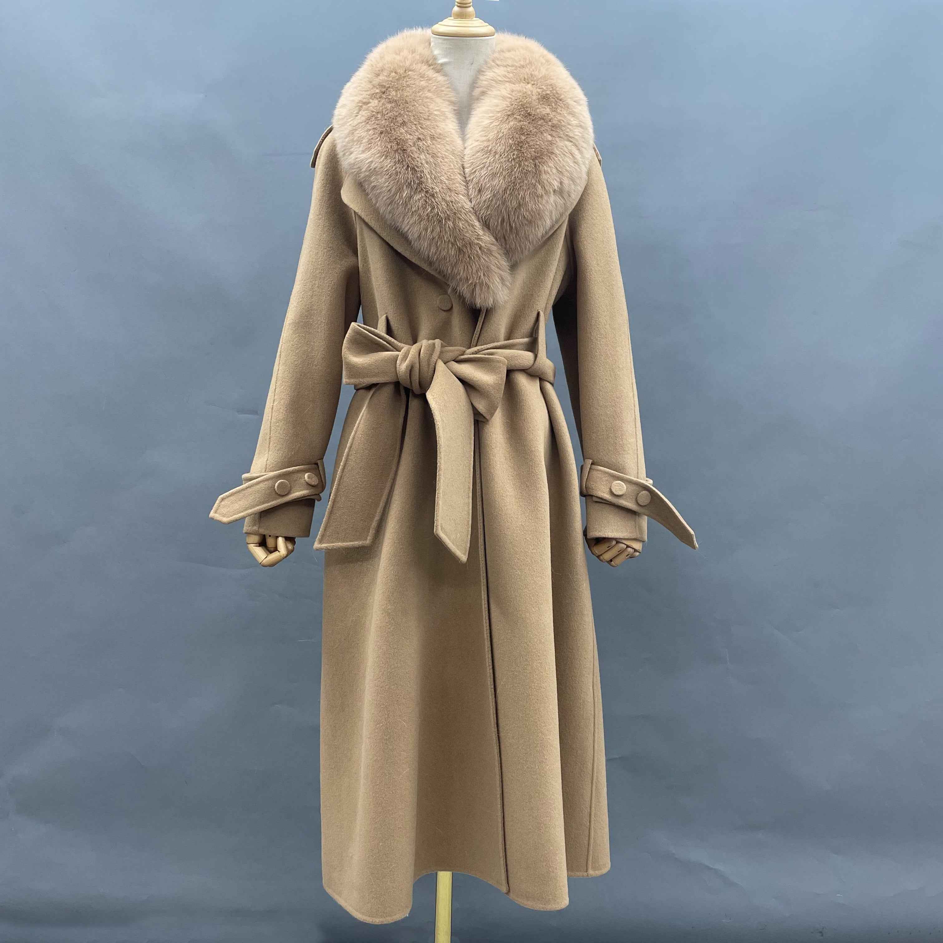 Luxury Double-Faced Wool Coat with Oversized Fox Fur Collar and Belted Cuff Design Brown