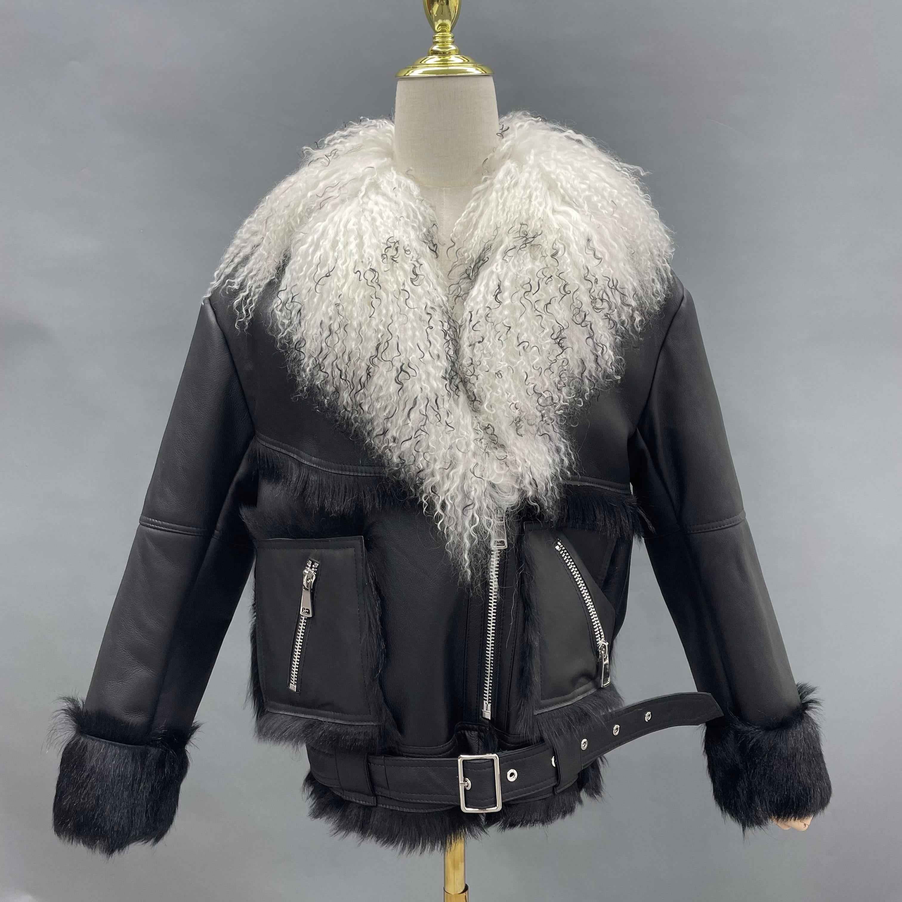 Women's Black Biker-Style Shearling Jacket with Tibetan Lamb Fur Collar, Asymmetric Zipper & Belted Waist - Edgy Winter Outerwear