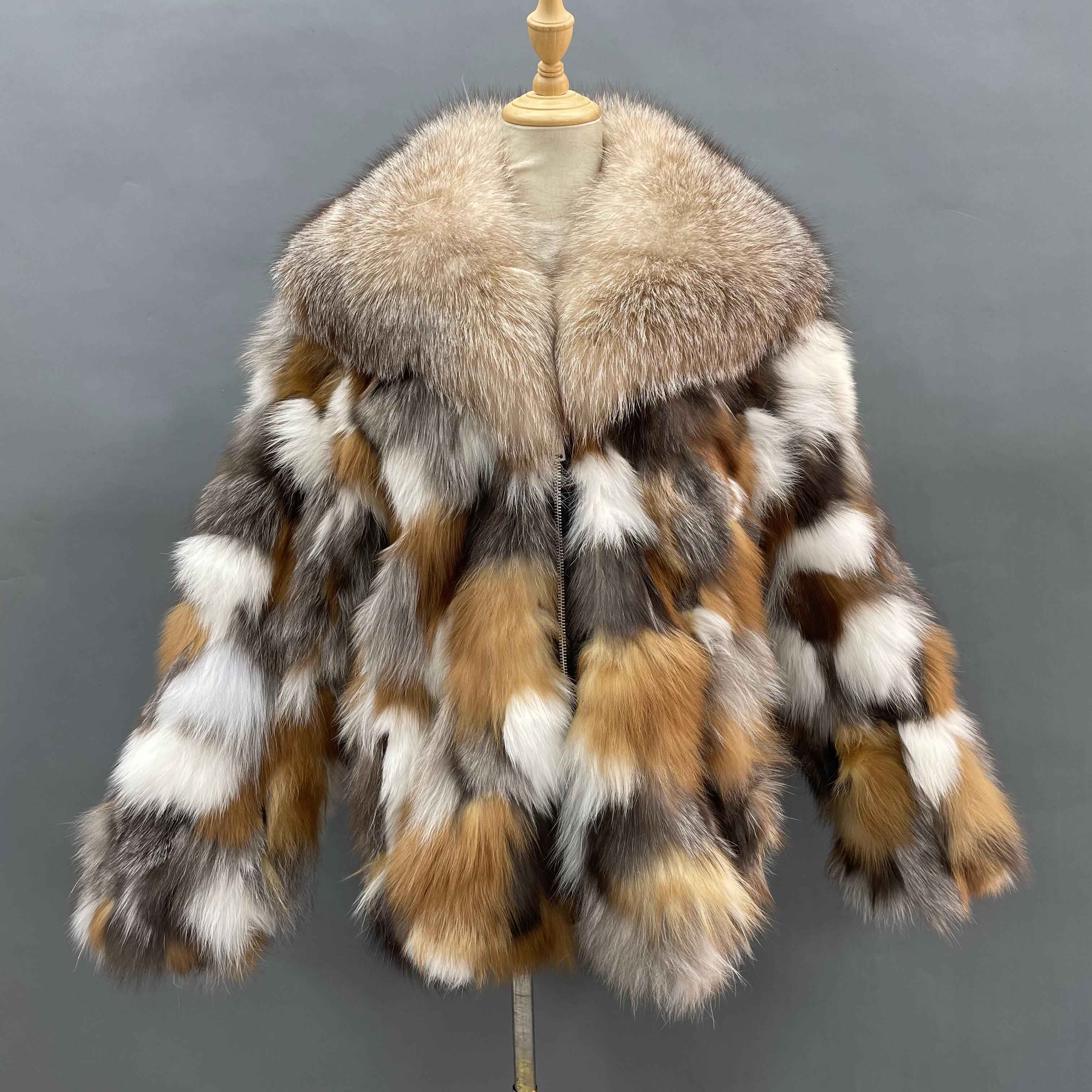 Women's Edgy Patchwork Fox Fur Coat - Party Holiday Glam Winter Fashion Jacket