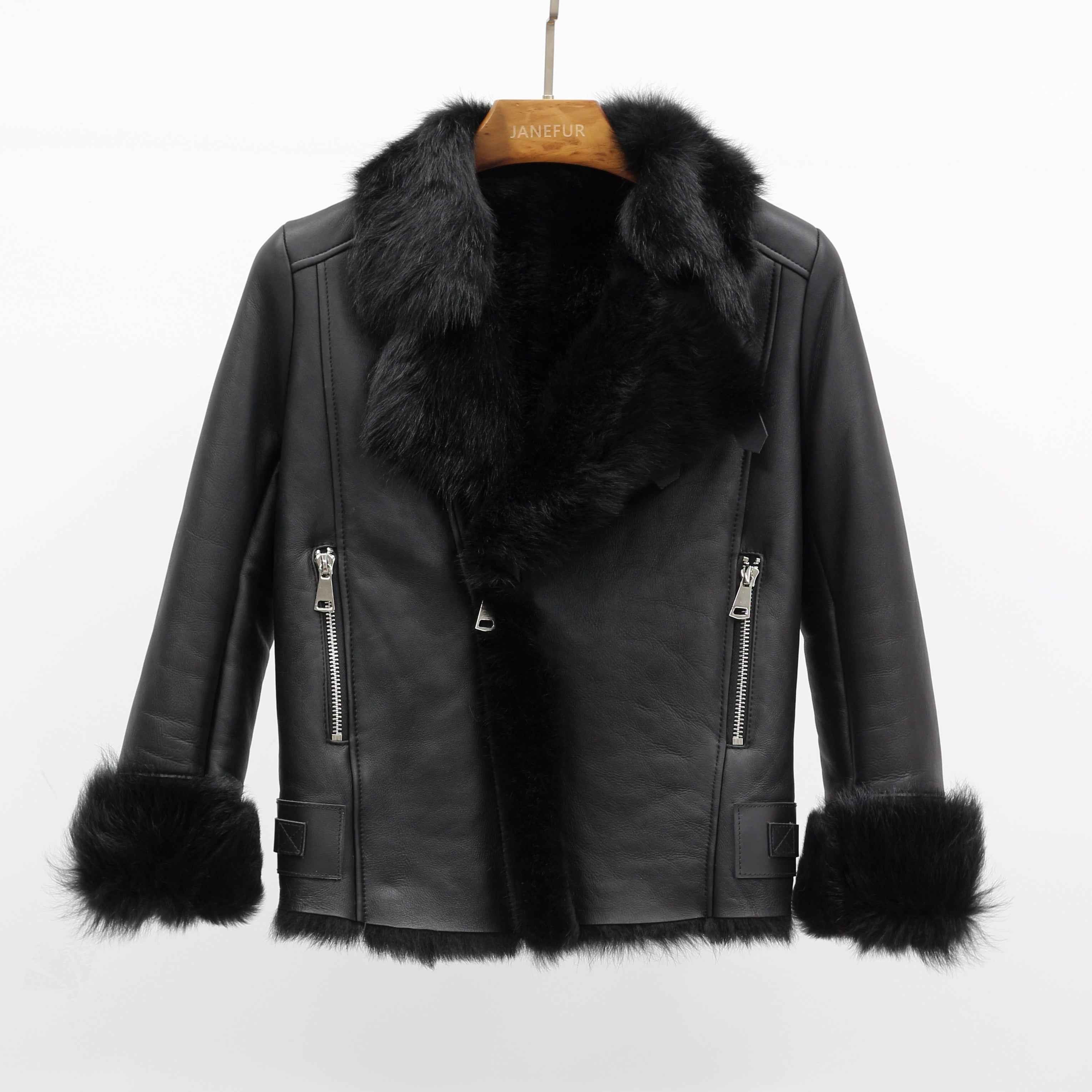 Women's Shearling Leather Jacket with Fur-Trimmed Collar & Cuffs, Zippered Cuffs, and Decorative Hem Buckles - Luxe Winter Outerwear Black