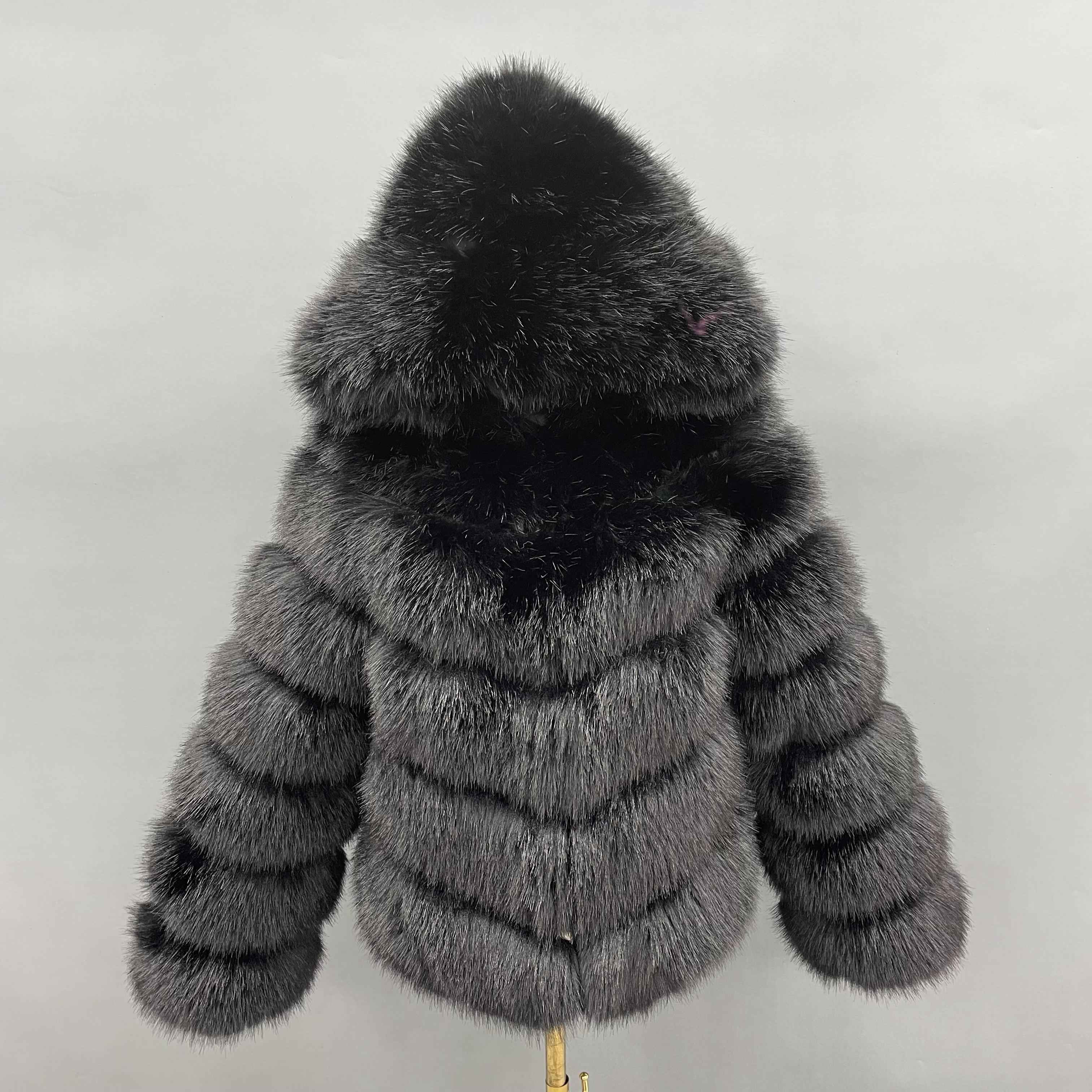 Women's 5-Panel Diagonal Stripe Hooded Faux Fur Coat - Highly Realistic Luxury Winter Outerwear Black