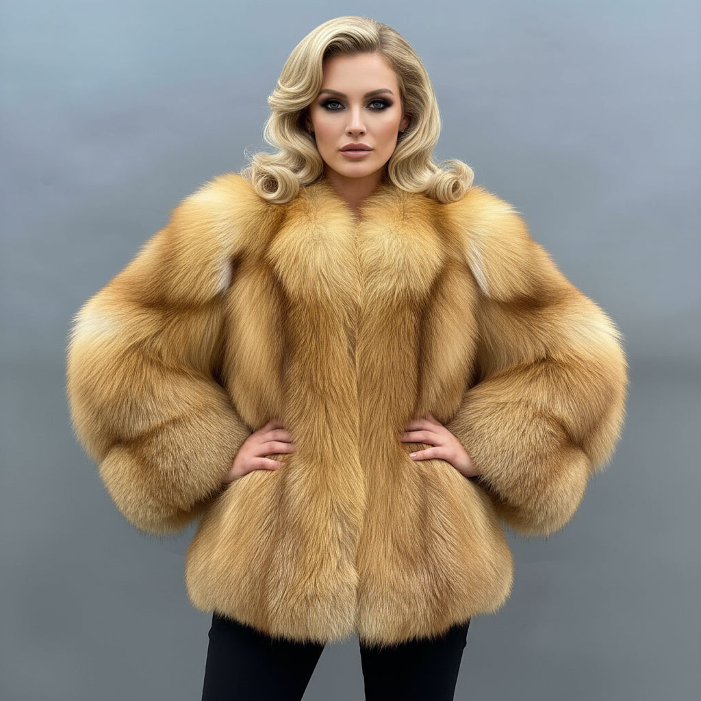 Women's Luxury Full-Skin Red Fox Fur Crew Neck Jacket - Cold Winter Warm Fashion Outerwear Animal