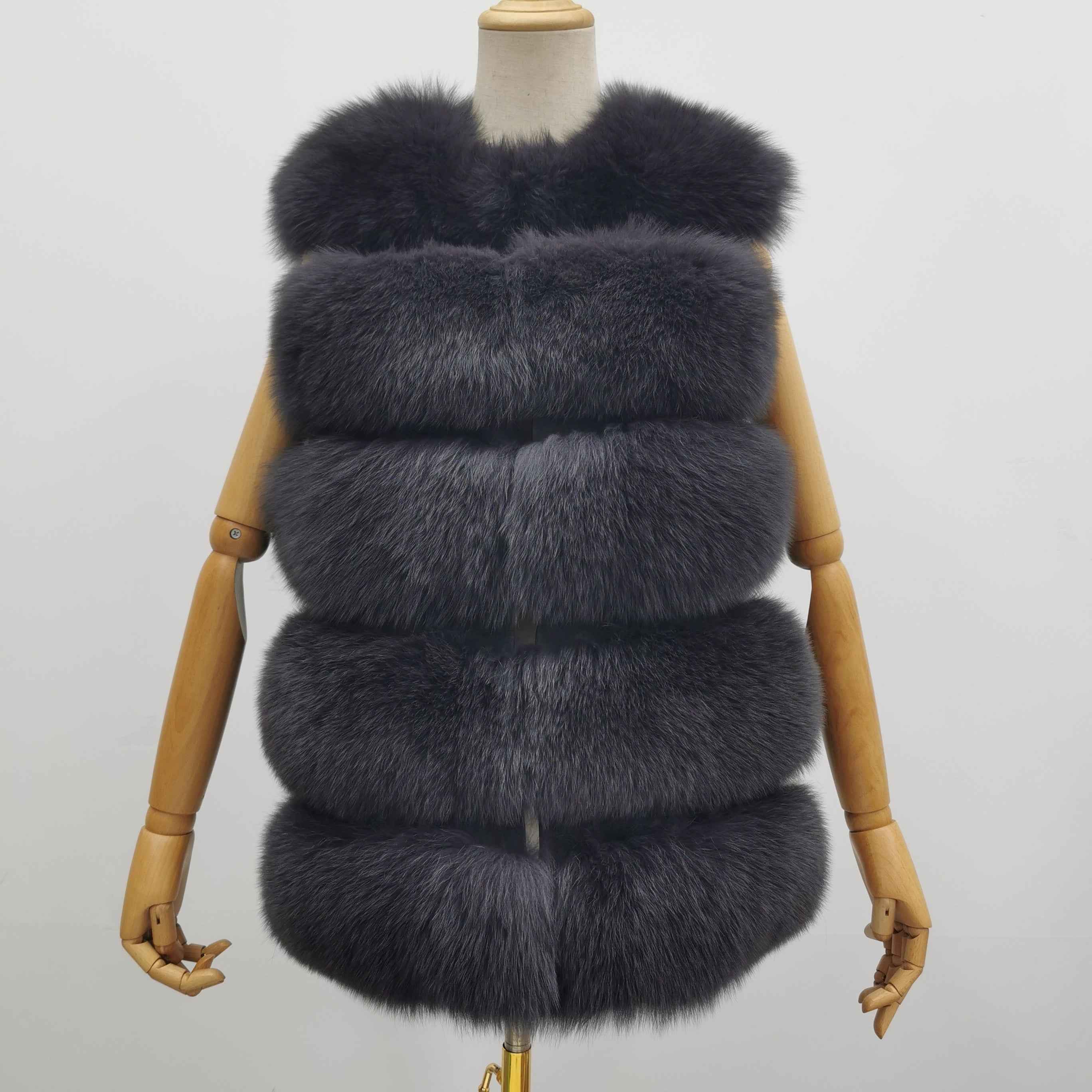 Women's 5-Panel Fox Fur Vest - Luxury Lightweight Chic Outerwear Black
