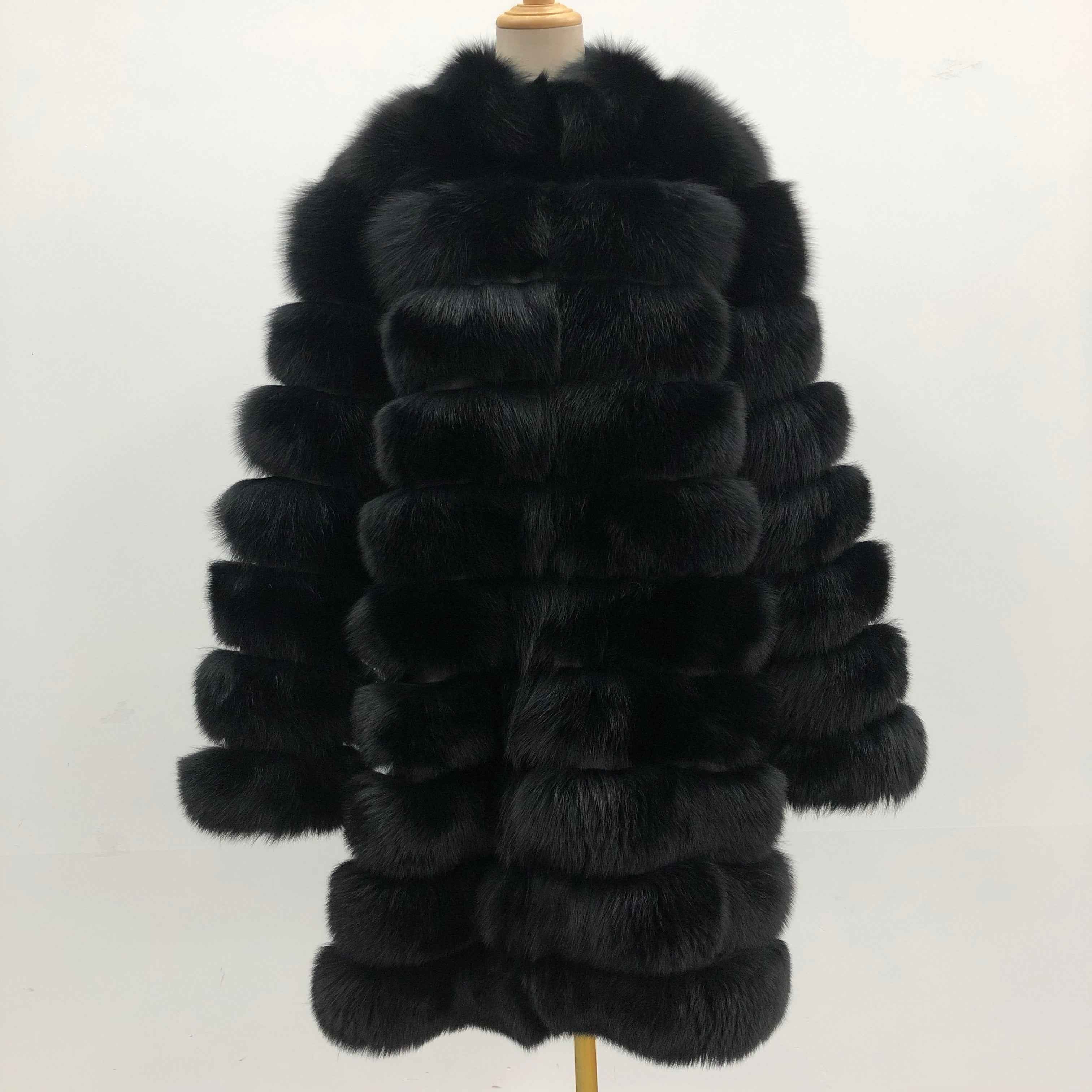 Vintage 10 - Panel Horizontal Stripe Stand Collar Fox Fur Coat - Winter Warm Outerwear Black