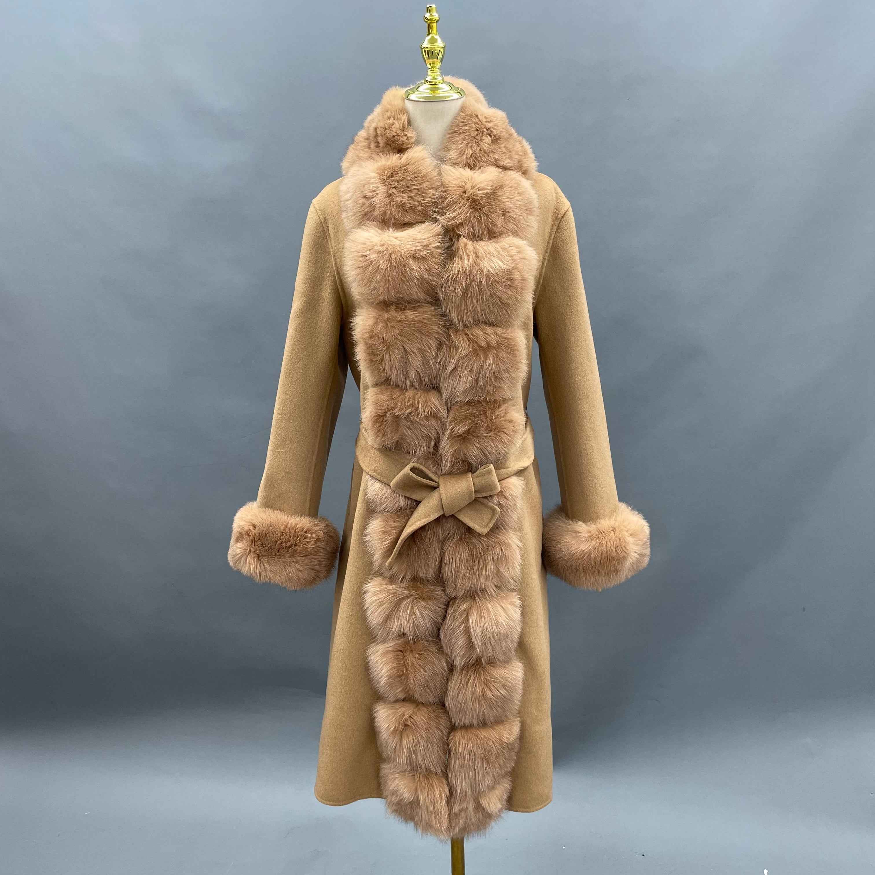 Luxury Cashmere Coat with Tiered Fox Fur Trim and Cuffed Sleeves Brown