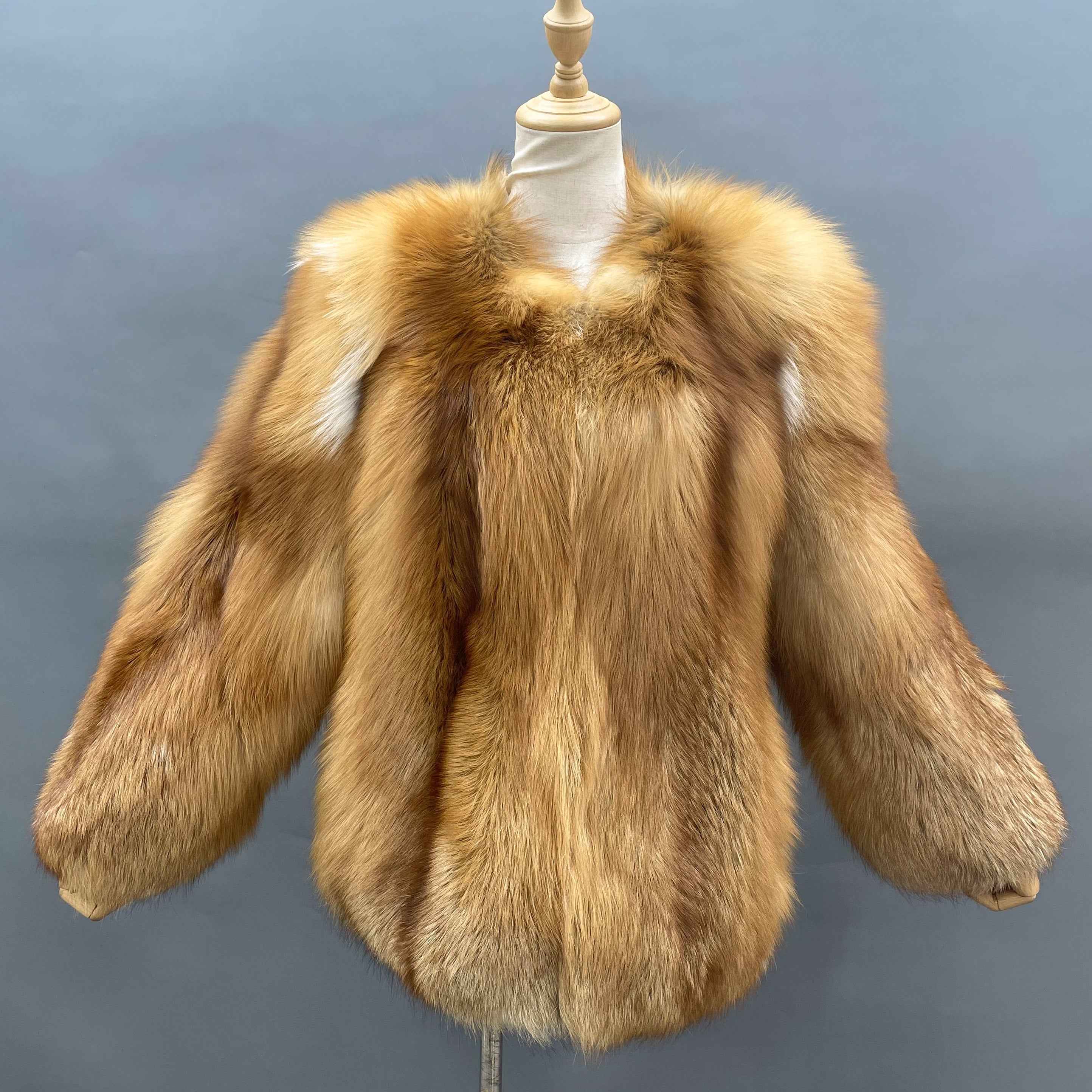 Women's Luxury Full-Skin Red Fox Fur Crew Neck Jacket - Cold Winter Warm Fashion Outerwear