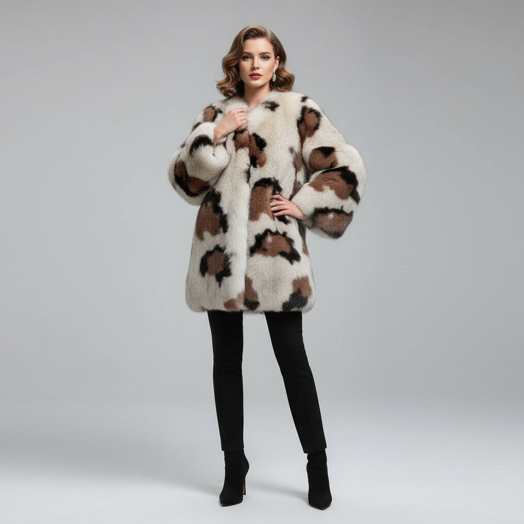 Women's Luxury Leopard Print Fox Fur Mid-Length Coat - Winter Fashion Warm Statement Outerwear Leopard Print