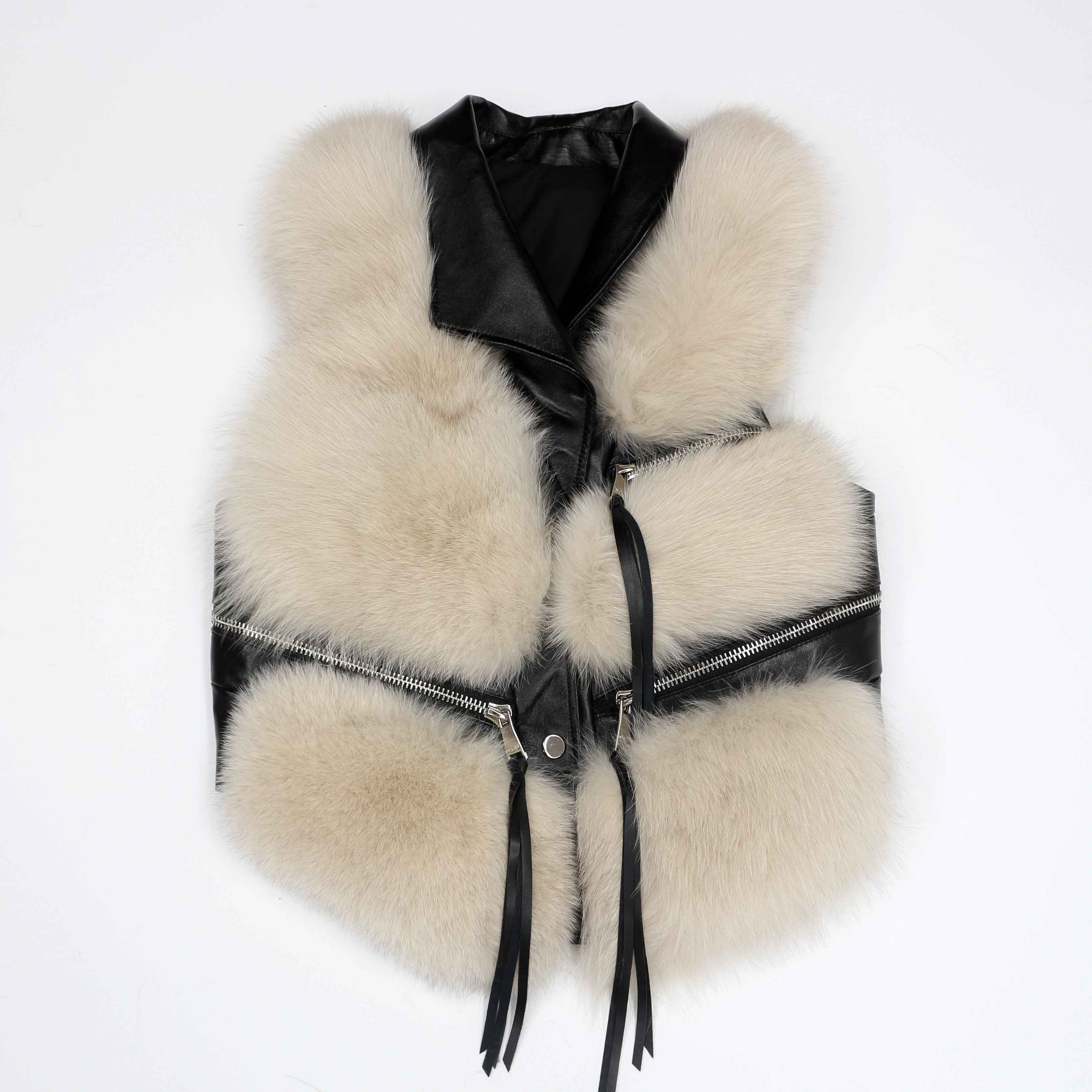 Women's Edgy Fox Fur Vest - Asymmetric Zipper Detail Fashion Outerwear