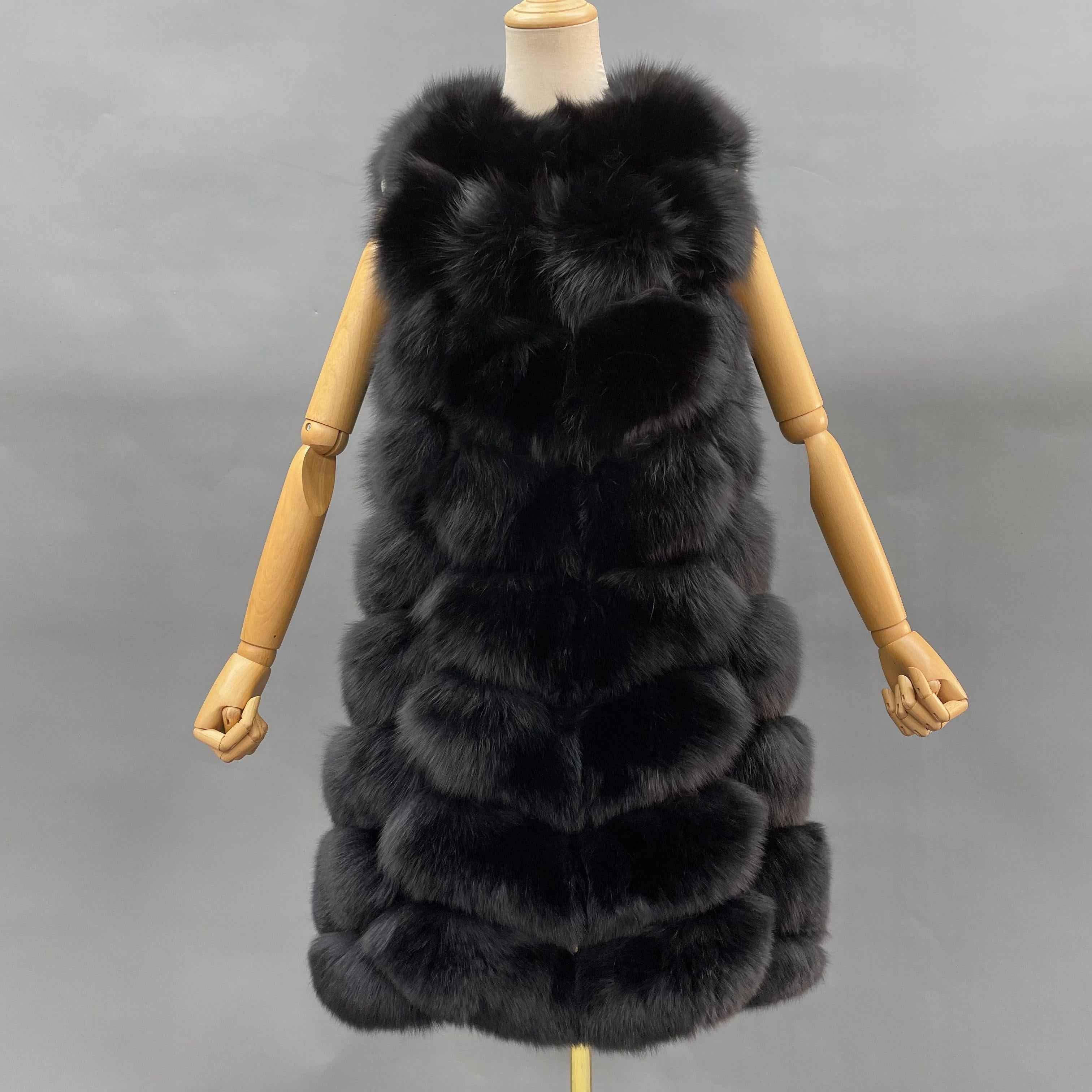 Women's 8-Panel Hooded Fox Fur Long Vest - Super Warm Luxury Winter Essential Outerwear Black