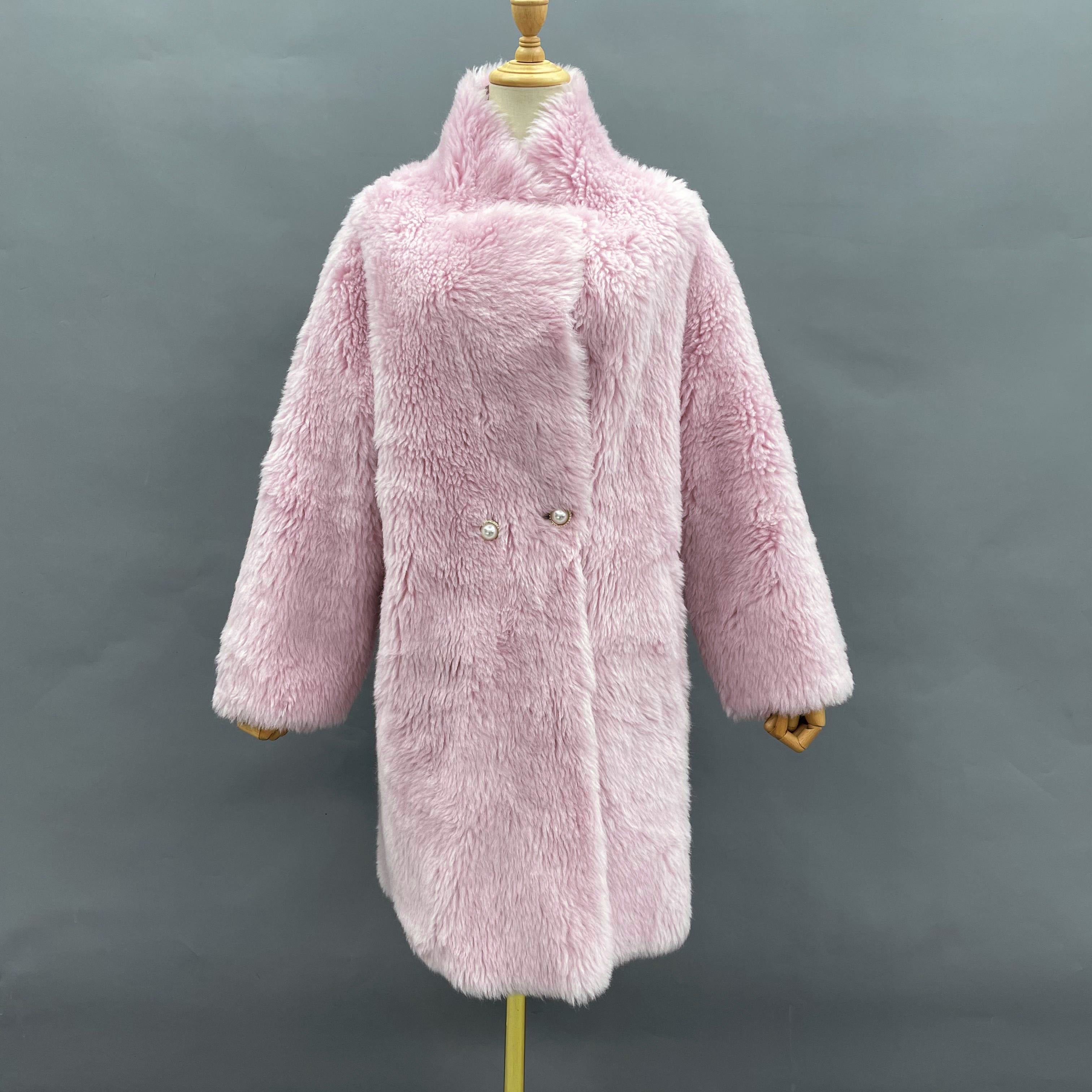 Women's Pink Sheepskin Shearling Long Coat with Stand Collar, Pearl Buttons - Classic & Versatile Winter Outerwear