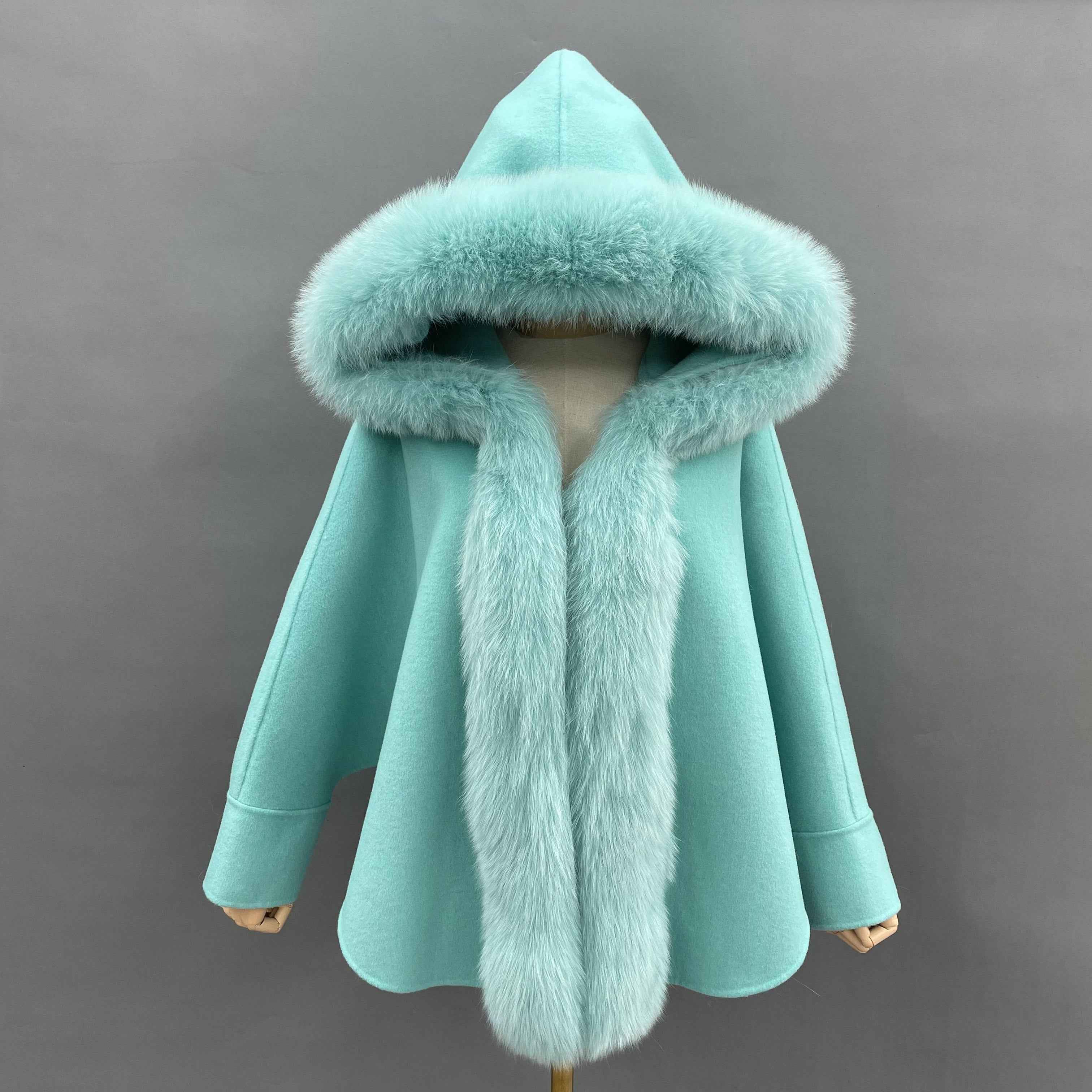 Women's Batwing Sleeve Cape-Style Double-Faced Wool Coat with Fox Fur Trim - Elegant Winter Statement Outerwear Aqua F