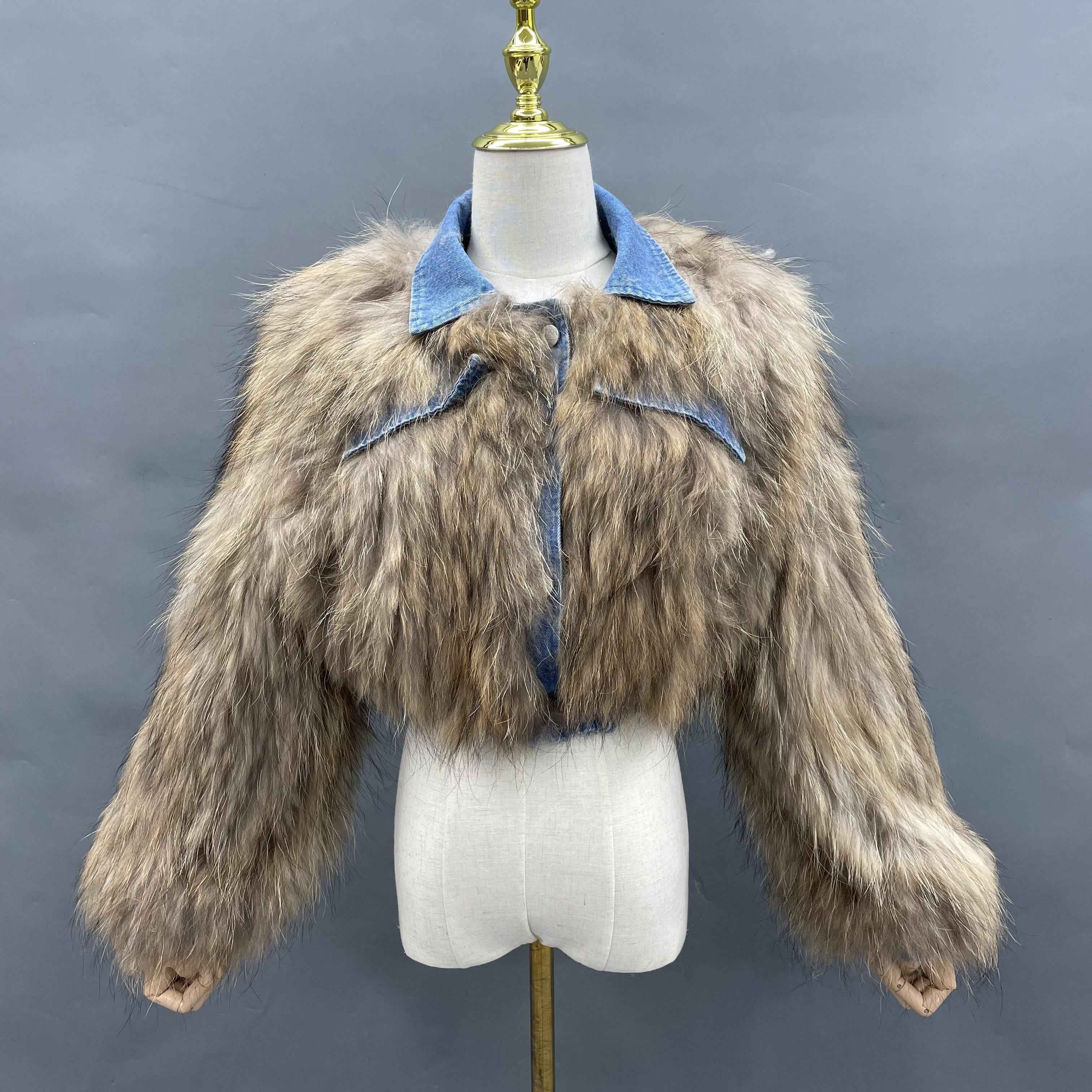 Women's Luxurious Knitted Raccoon Dog Fur Cropped Jacket with Denim Collar & Details - Edgy Winter Outerwear