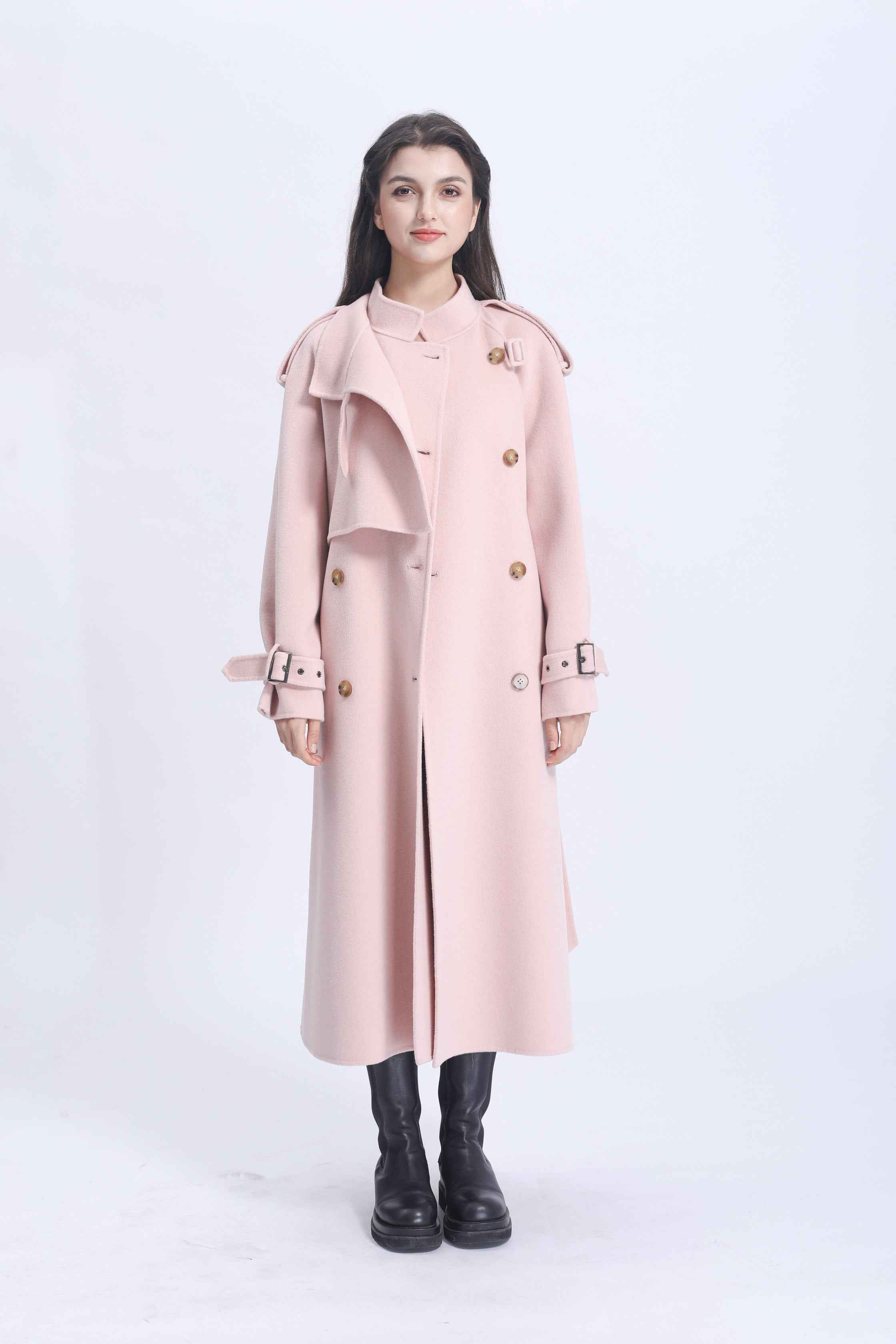 Elegant Double-Breasted Cashmere Trench Coat – Long Wool Blend Overcoat for Women