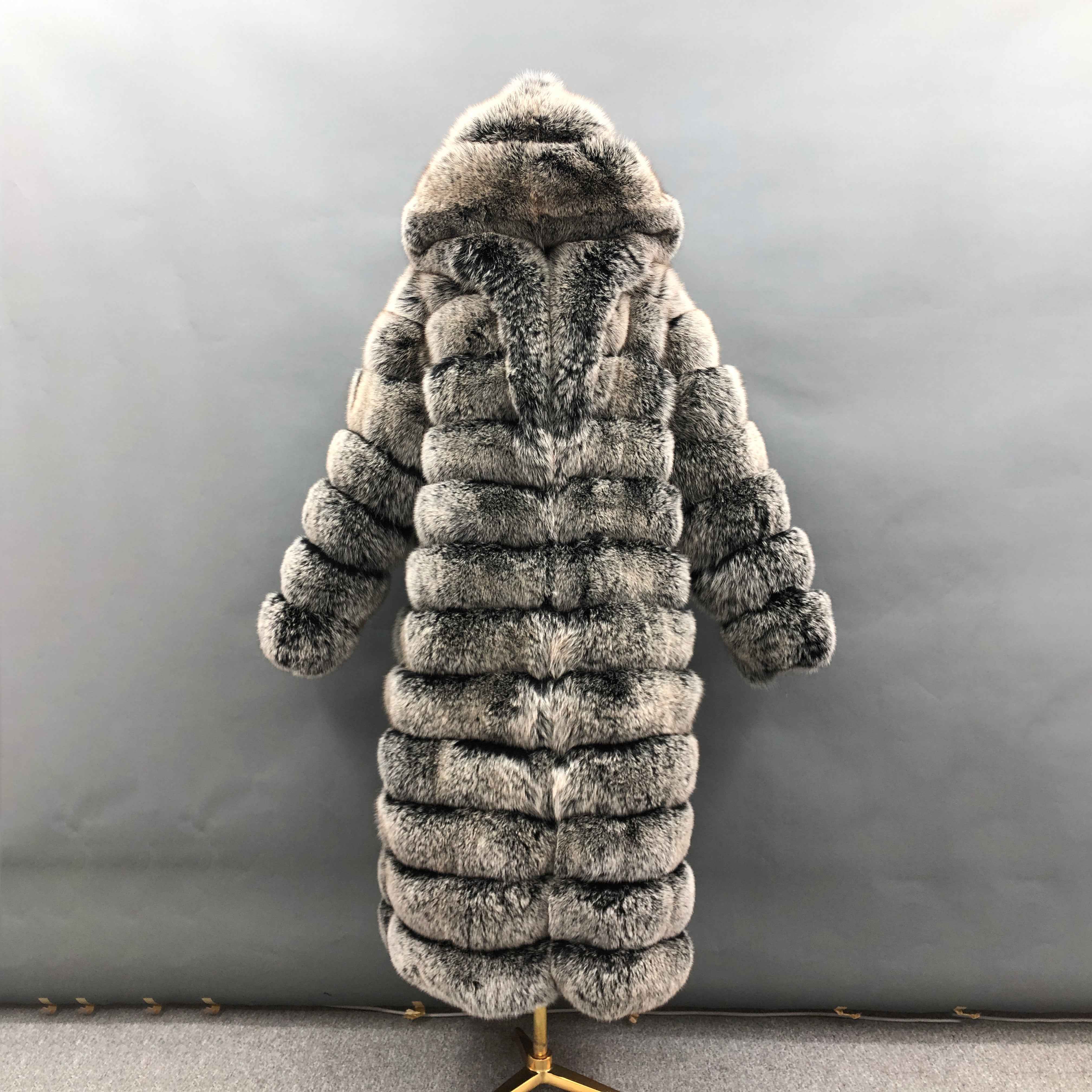 Women's Luxury Black Base White Tip Fox Fur 12-Panel Long Coat - Winter Warm Fashion Jacket