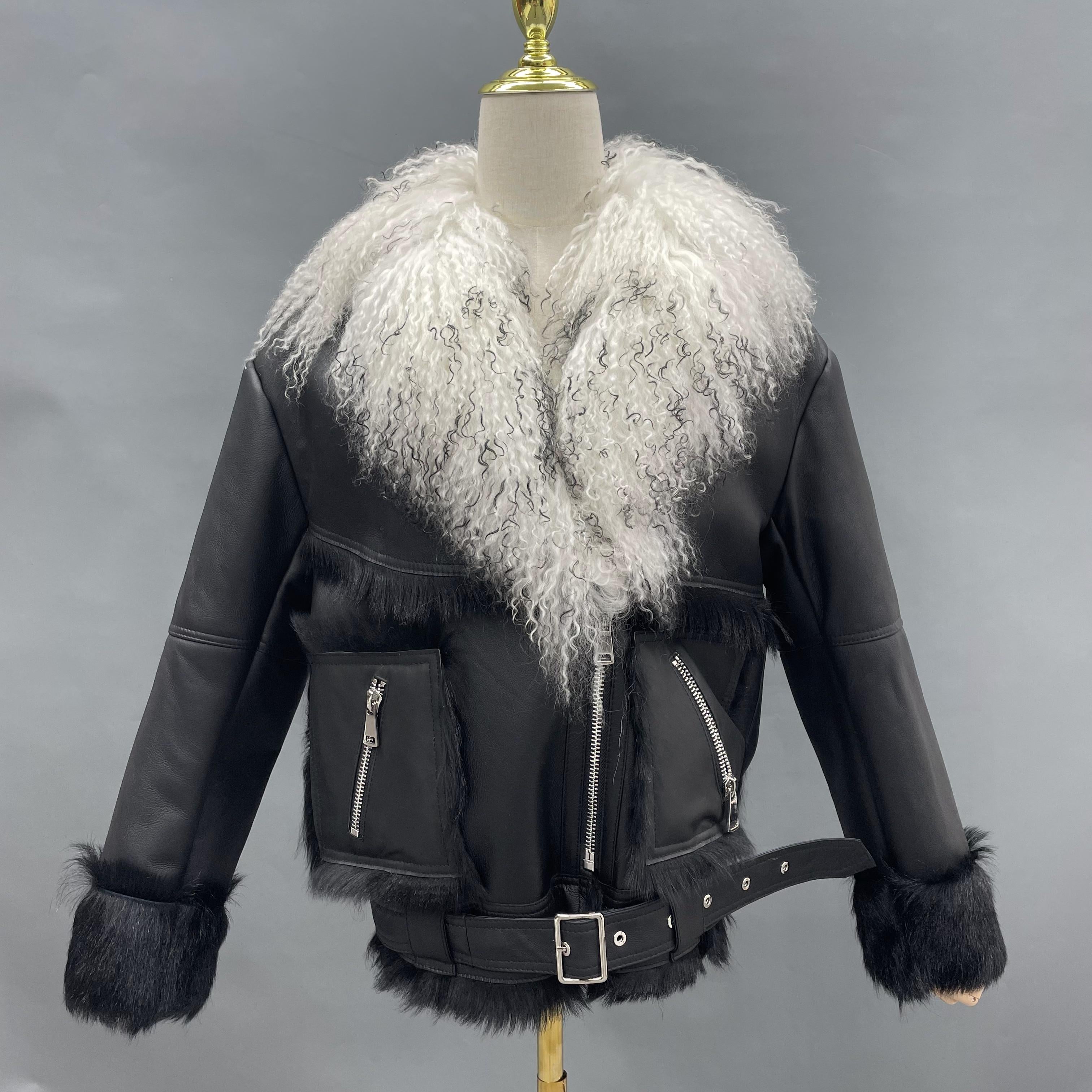 Women's Black Biker-Style Shearling Jacket with Tibetan Lamb Fur Collar, Asymmetric Zipper & Belted Waist - Edgy Winter Outerwear Black