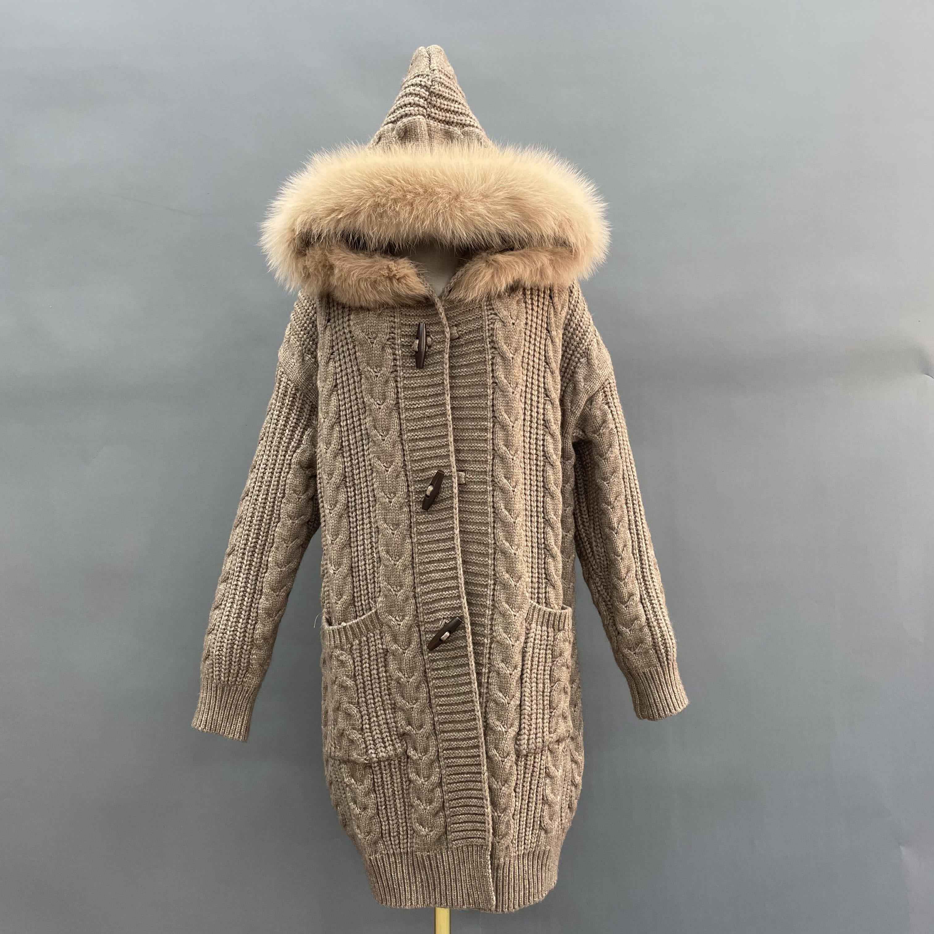 Women's Hooded Cable-Knit Cardigan with Toggle Buttons & Fur-Trimmed Hood - Cozy Winter Knitwear Camle F CUSTOMIZED THE FUR