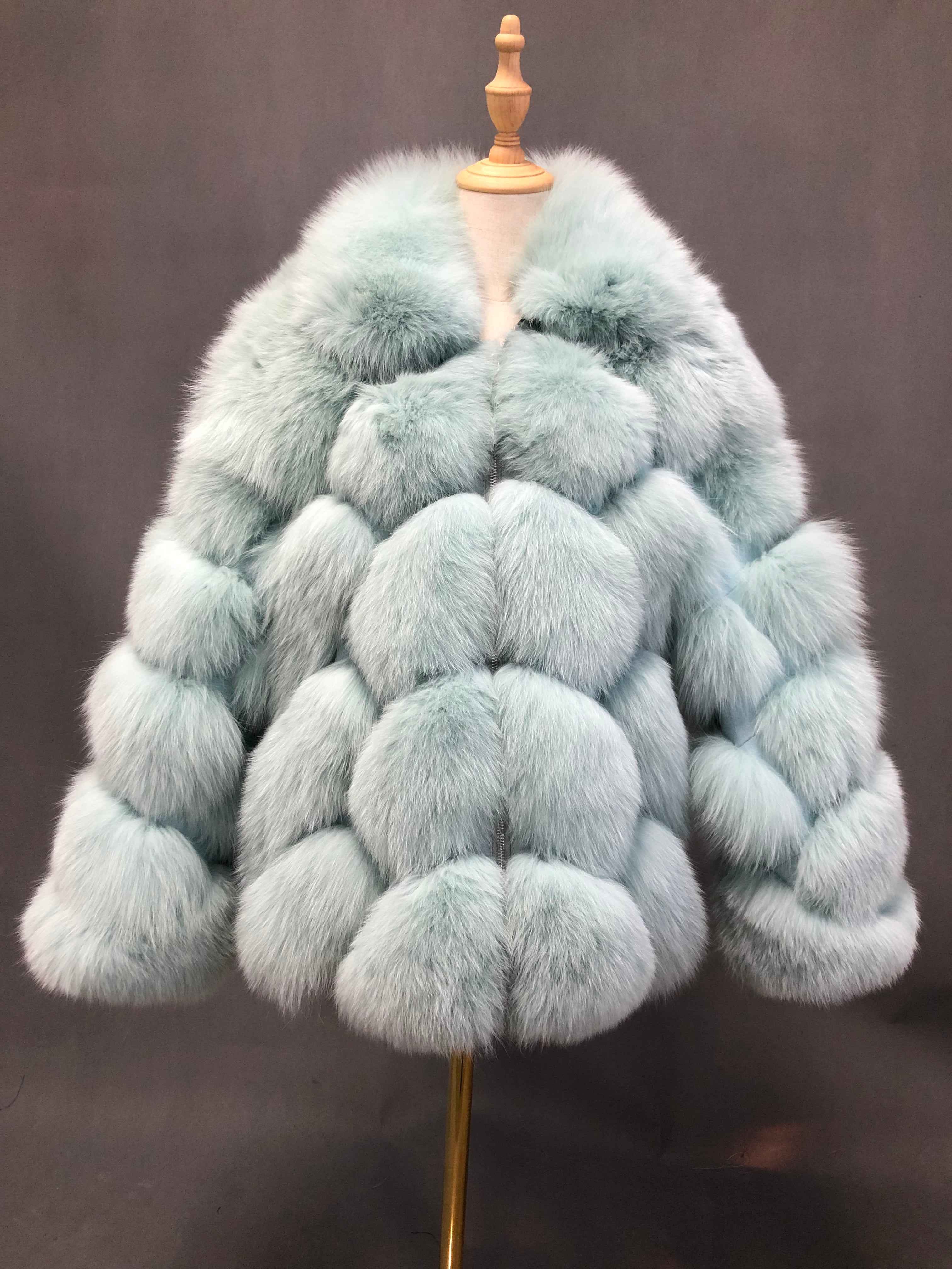 Women's Luxury Fox Fur Coat with Diamond Pattern - Winter Warm Fashion Fur Jacket BB Blue
