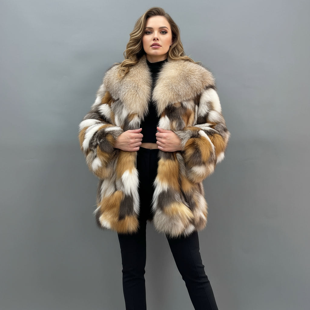 Women's Edgy Patchwork Fox Fur Coat - Party Holiday Glam Winter Fashion Jacket Animal