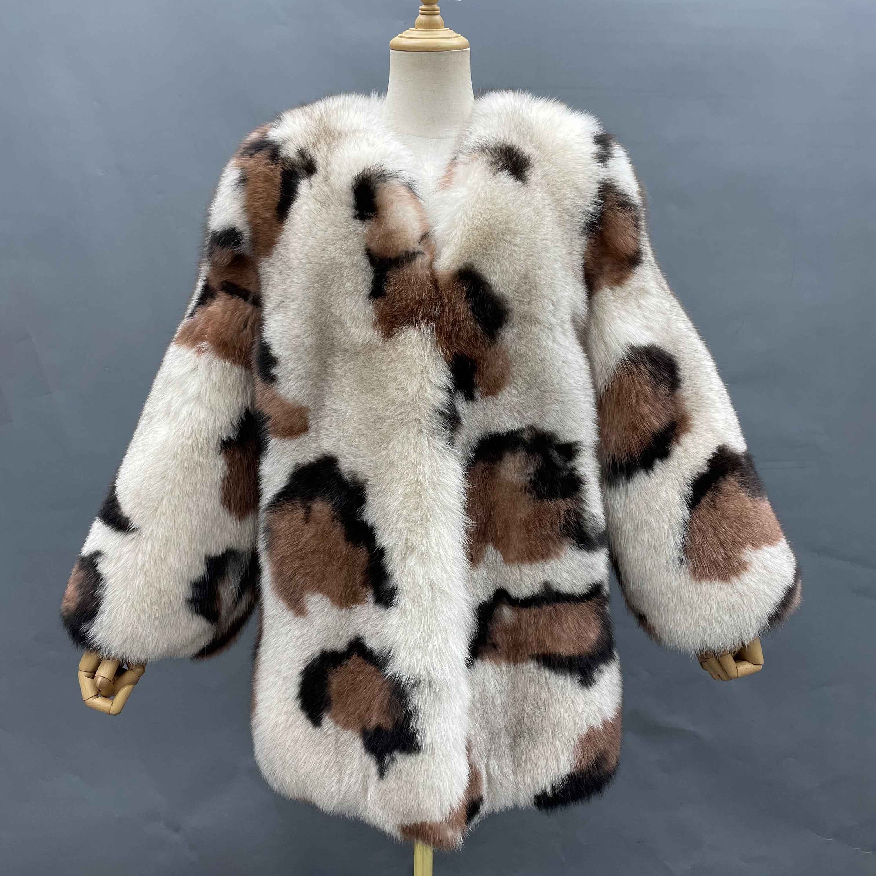Women's Luxury Leopard Print Fox Fur Mid-Length Coat - Winter Fashion Warm Statement Outerwear