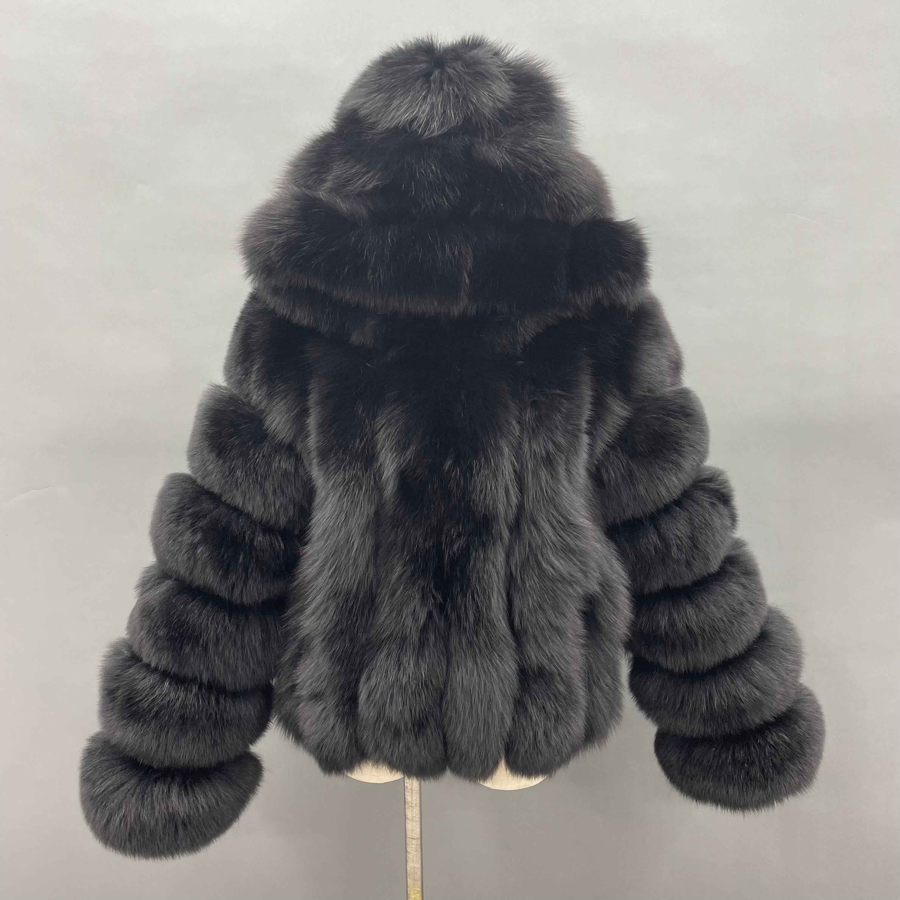 Women's Luxury Fox Fur Hooded Jacket - Versatile Style Winter Fashion Outerwear Black