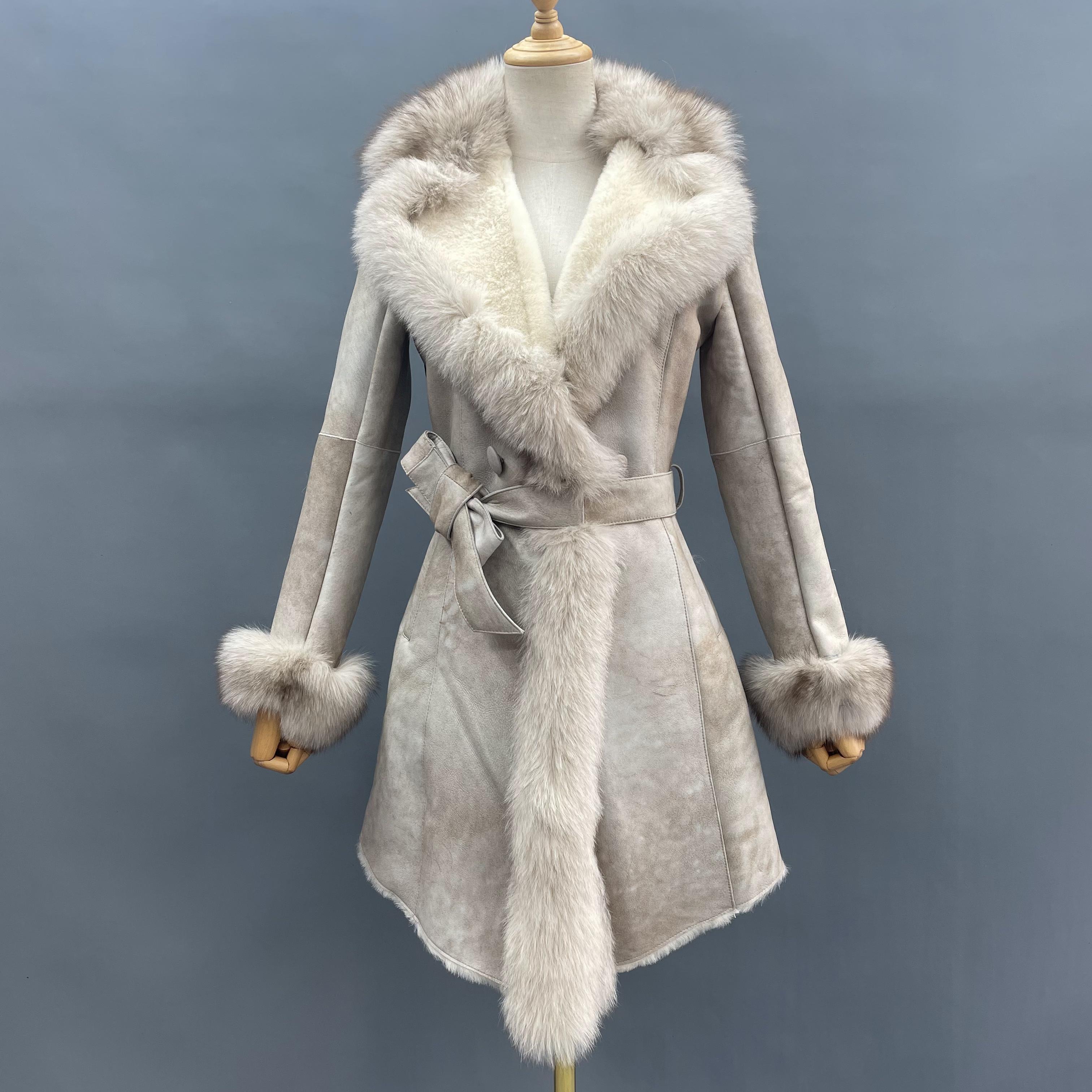 Women's Mid-Length Shearling Coat with Fox Fur Notched Lapel, Belted Waist & Cuff Trim - Luxe Winter Outerwear Beige