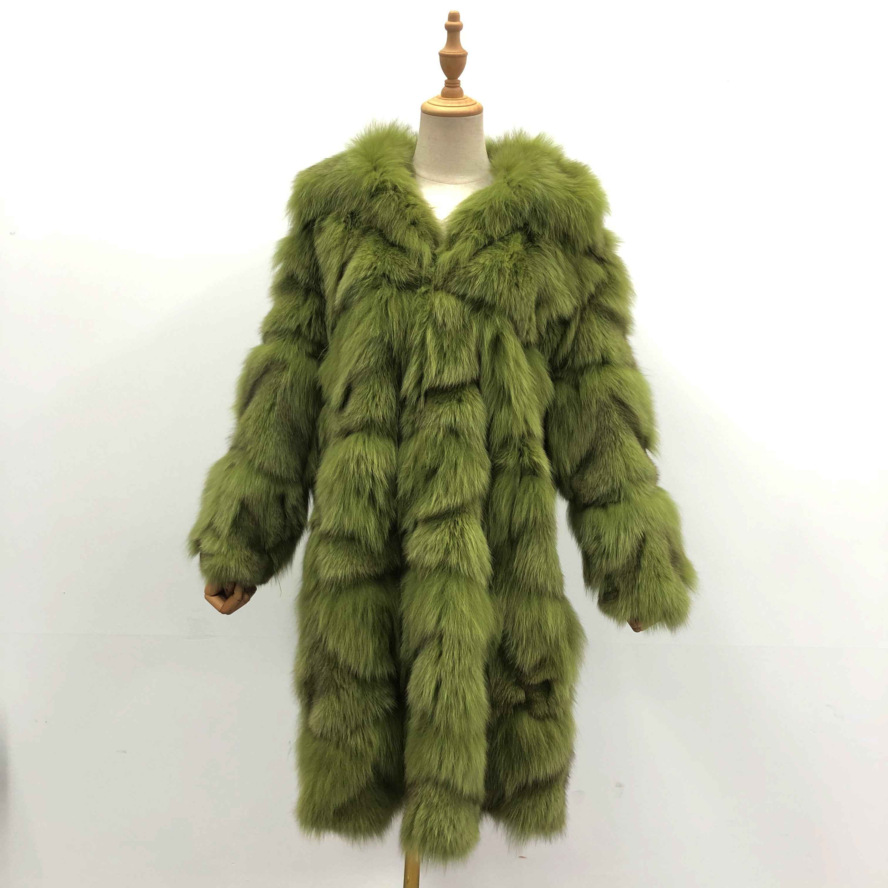 Oversized Fox Fur Long Coat with Fluffy Layers - Women's Winter Maxi Coat Green