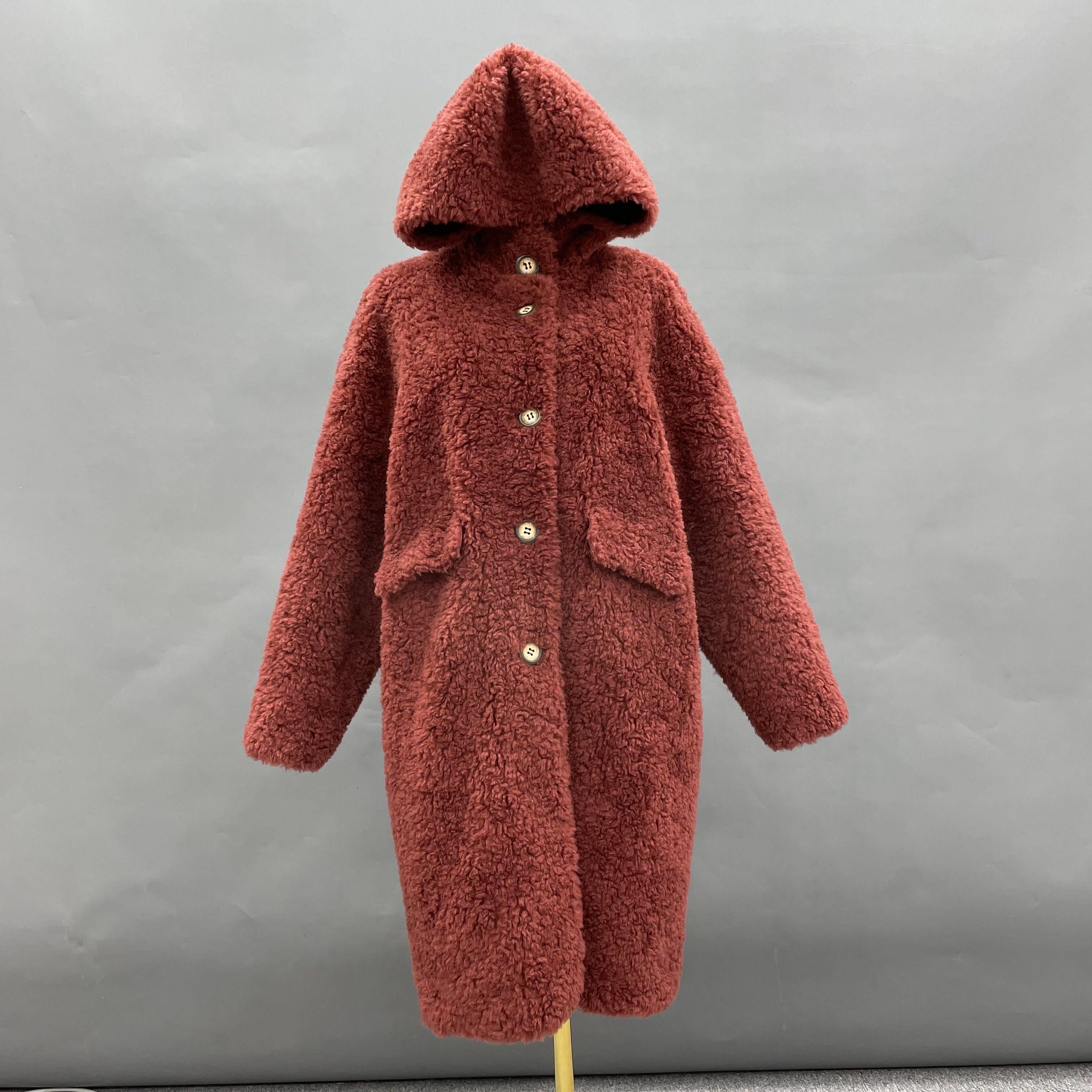 Women's Red Hooded Long Sheepskin Shearling Coat - Casual Winter Outerwear