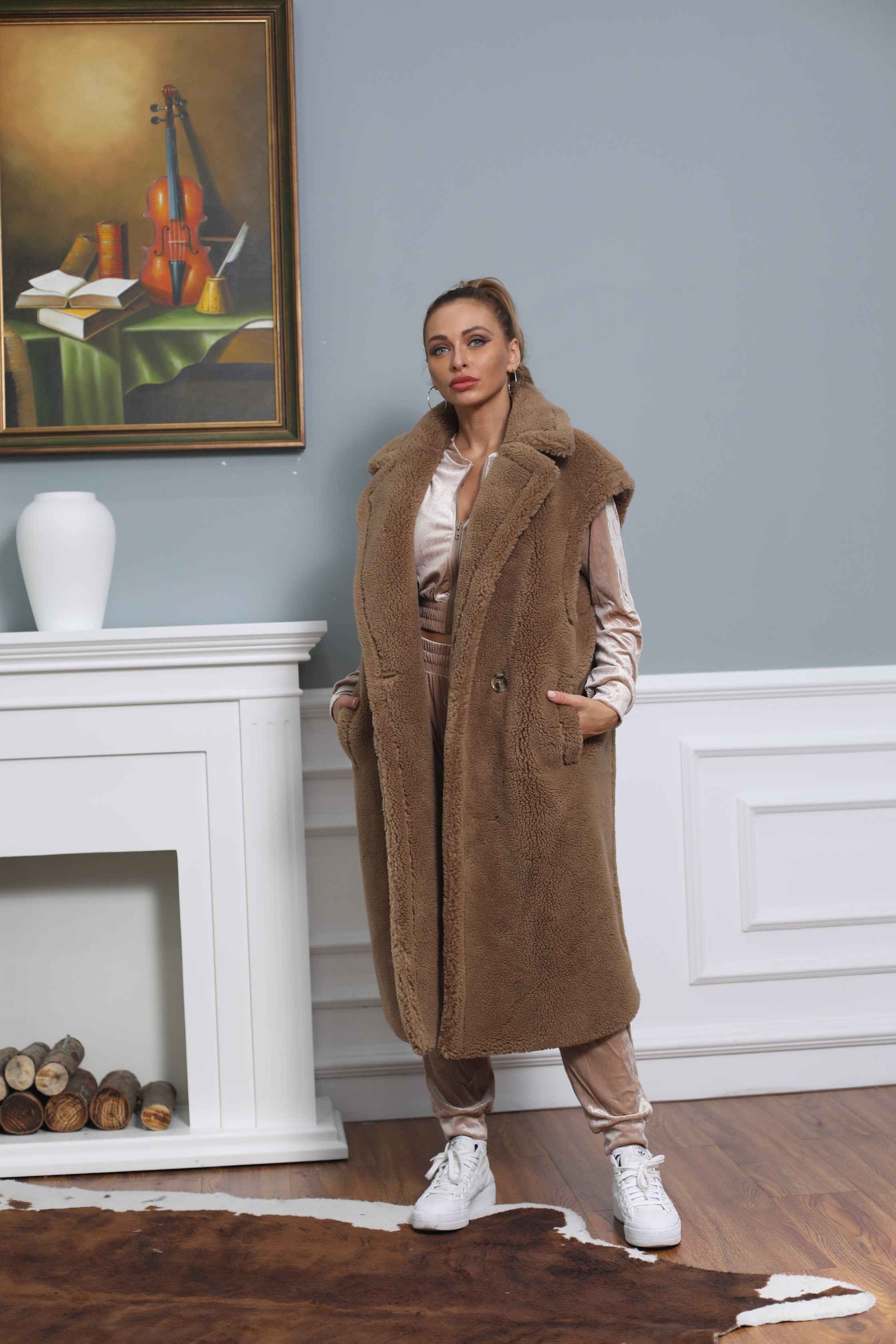 Women's Tan Long Teddy Fleece Vest with Double-Breasted Notched Lapel - Stylish Winter Outerwear