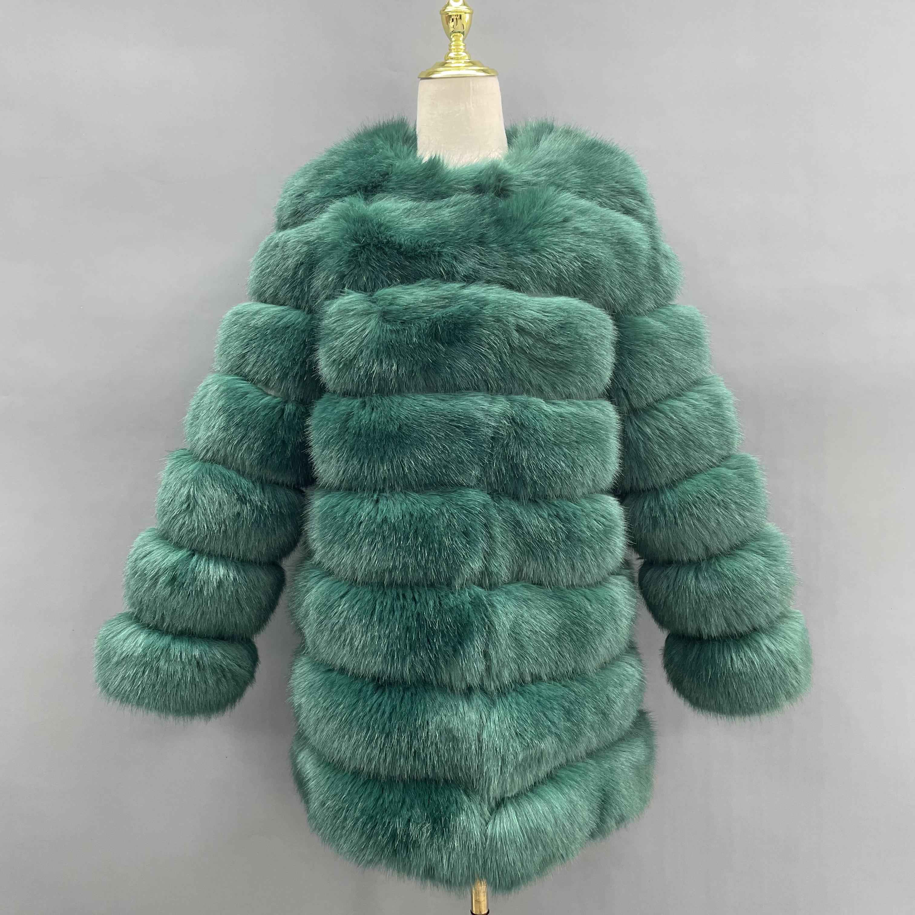 Women's 8-Panel Crew Neck Long Sleeve Faux Fur Coat - Luxury Trendy Winter Essential Outerwear Green