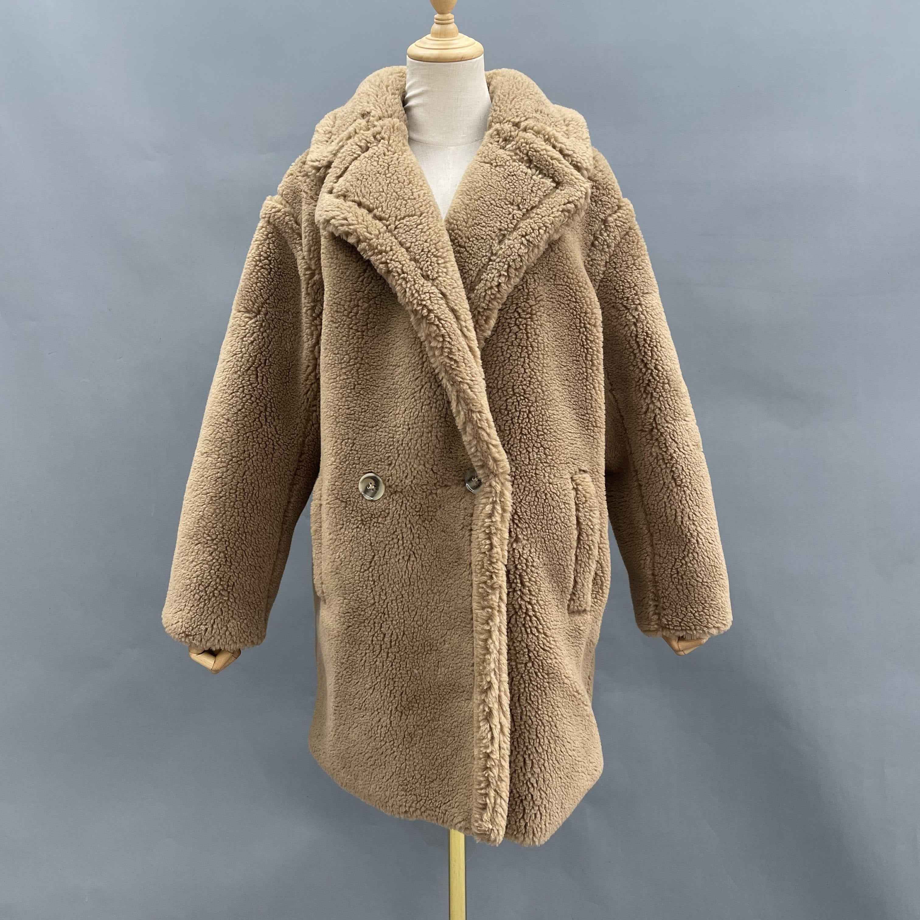 Women's Teddy Fleece Mid-Length Coat with Double-Breasted Notched Lapel - Luxe Winter Outerwear