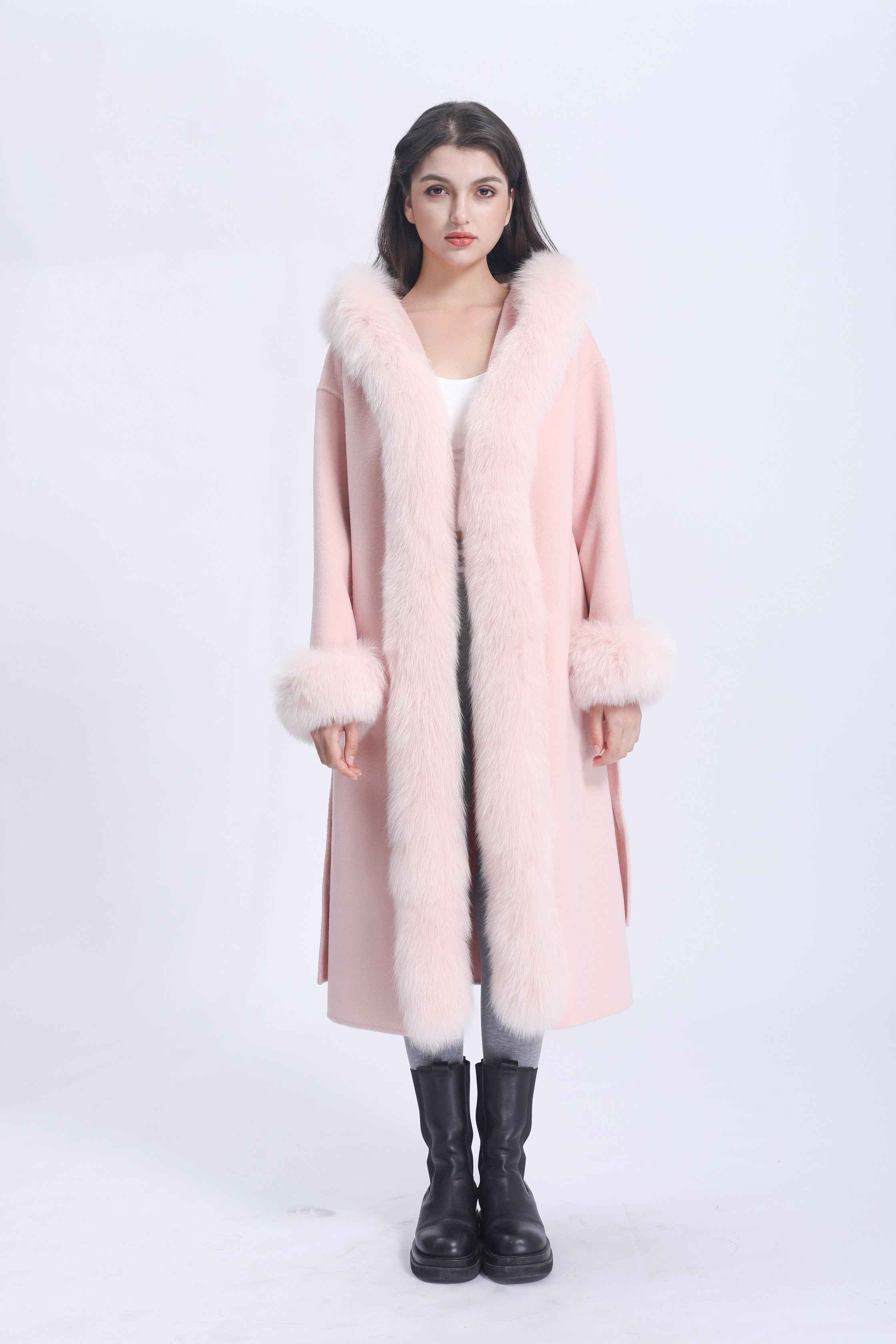 Women's Luxury Double - Faced Wool Coat with Fox Fur Trim & Fox Fur Cuffs, Belted Elegant Winter Outerwear