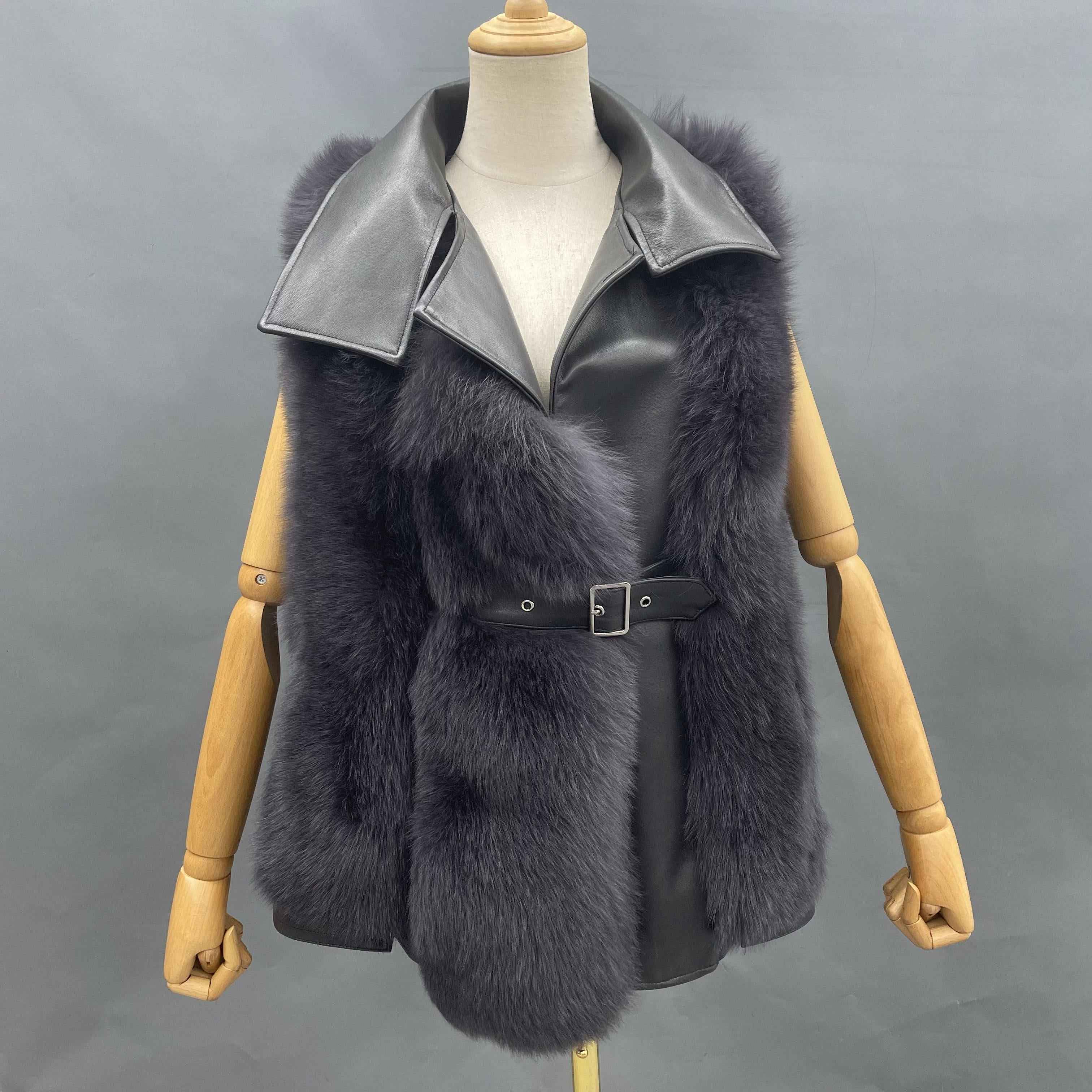 Women's Luxury Fox Fur Vest with Leather Buckle - Vertical Panel Design & Leather Hem Edgy Outerwear