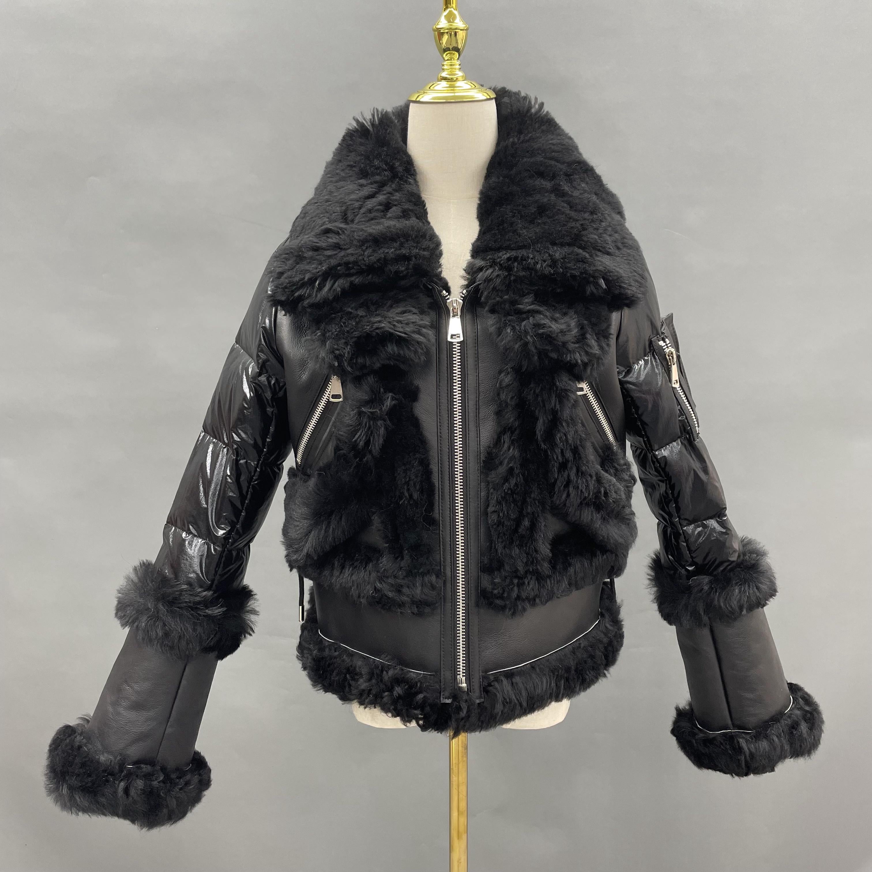 Women's Black Down & Shearling Biker Jacket with Fox Fur Trim - Edgy Winter Outerwear