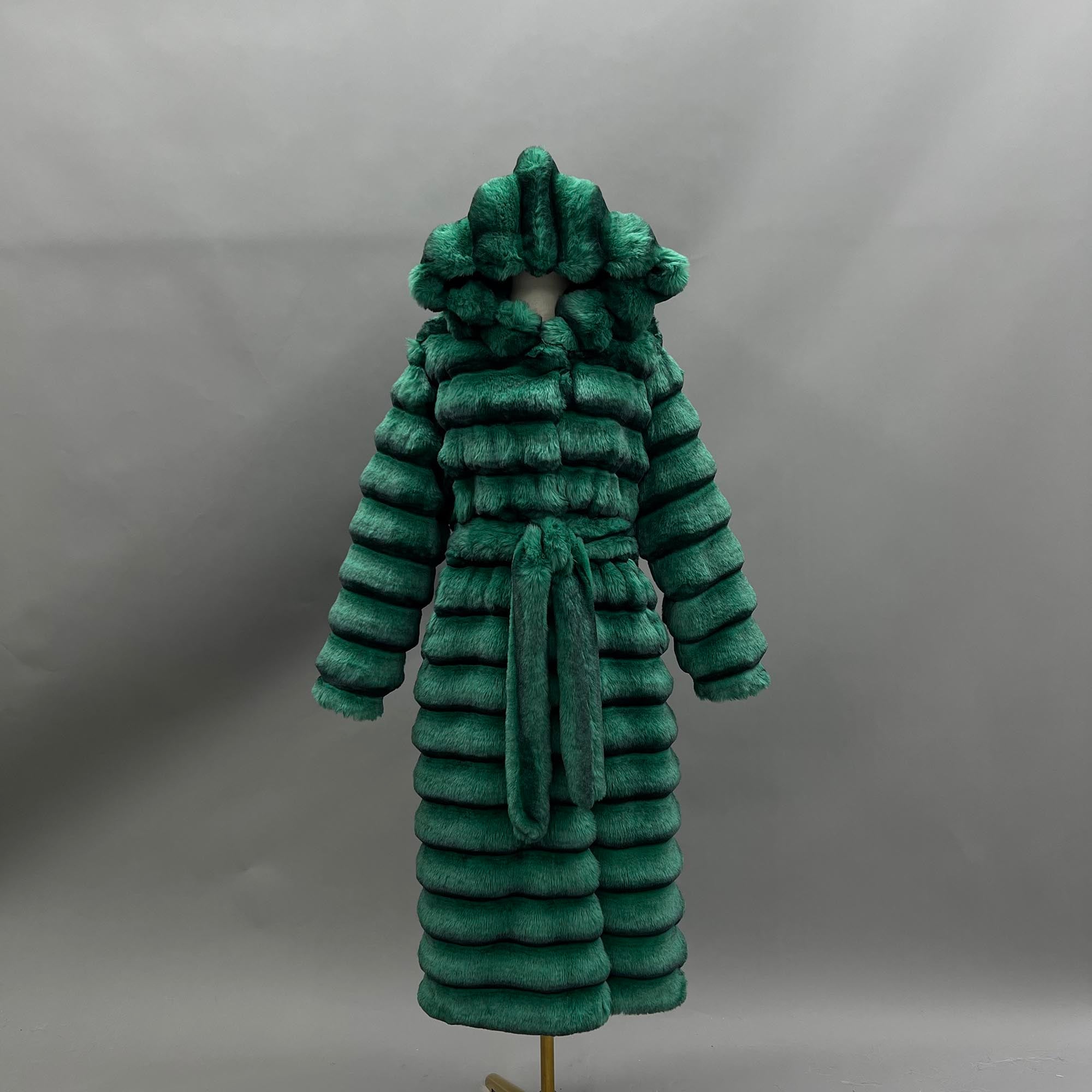 Eco Friendly Faux Fur Jacket with Hood Women's Fashionable Long Coat with Chinchilla Pattern