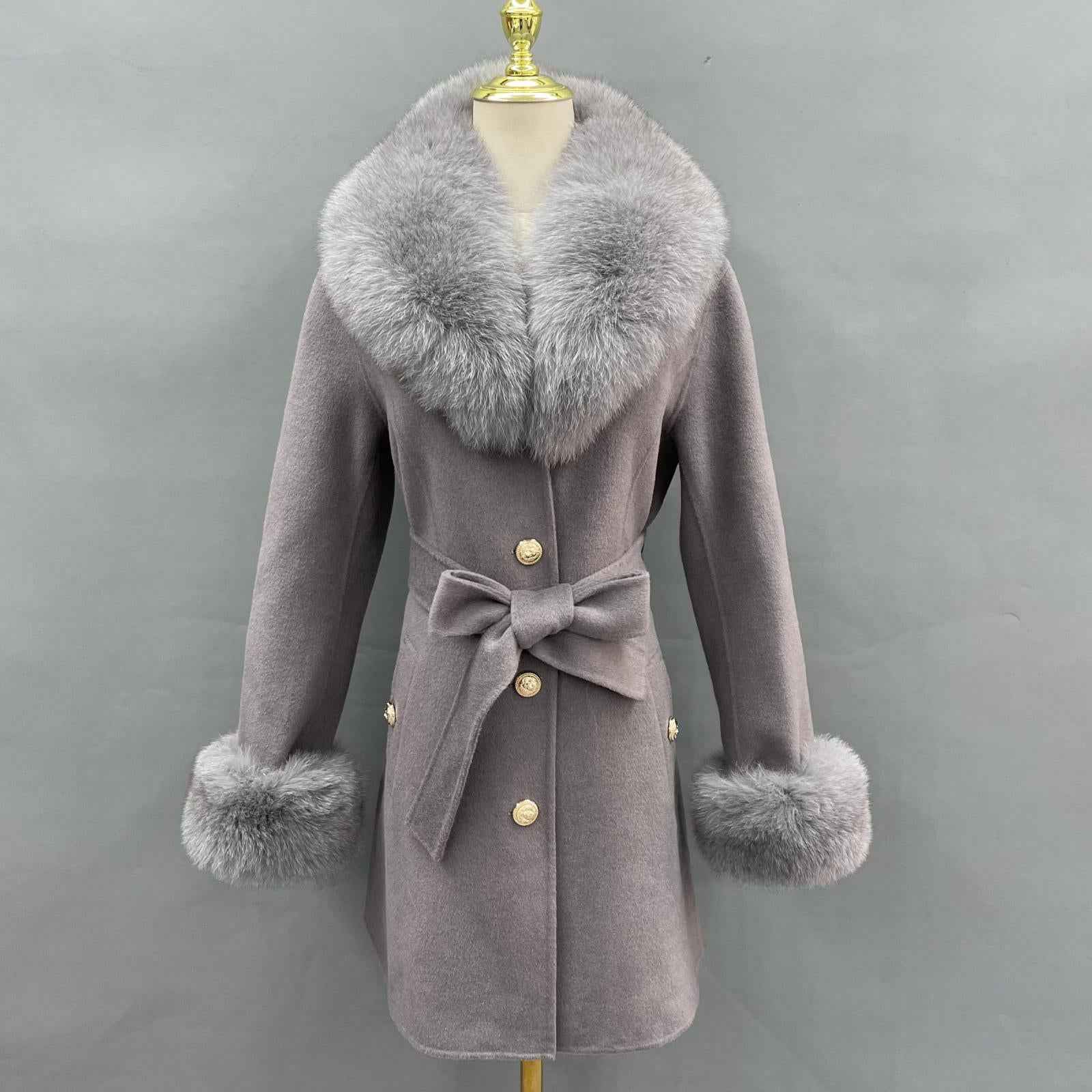 Double-Faced Fleece Coat for Women Elegant Notched Lapel Belted Double-Faced Wool Outer Jacket