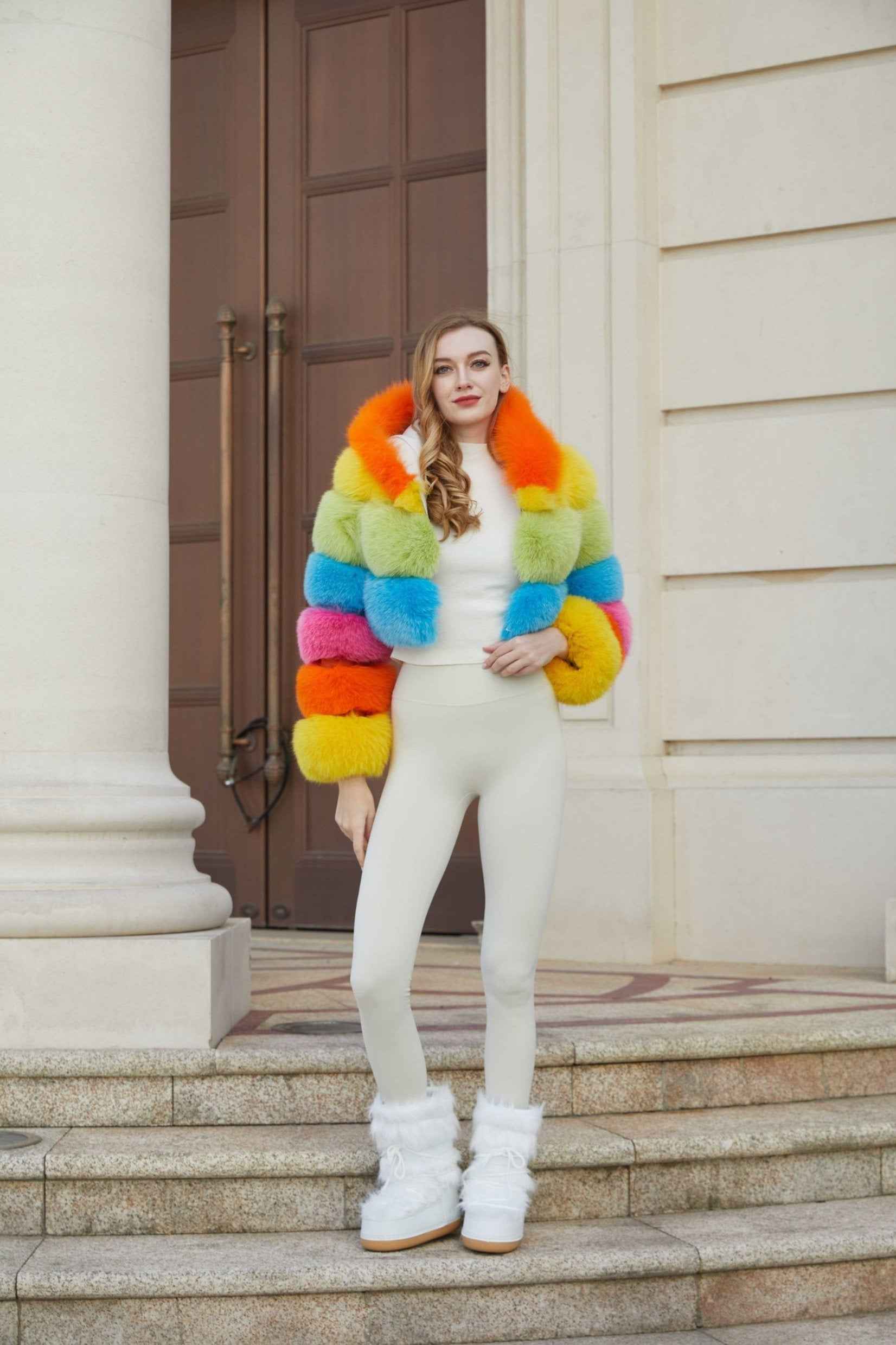New Women's Winter Rainbow Fox Fur Hooded Coat