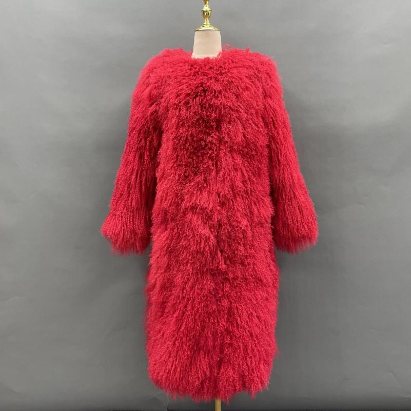 Janefur Mongolian Lamb Fur Long Coat Three Color Mix Red