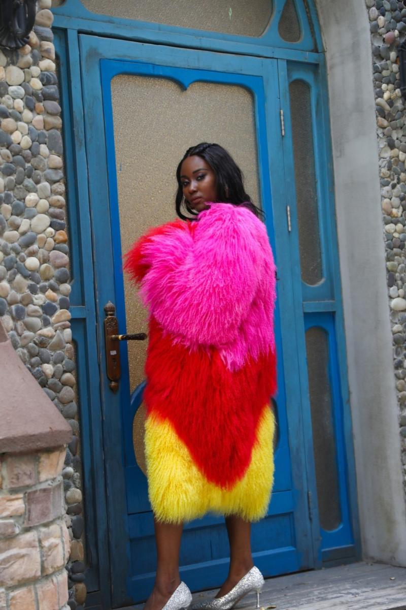 Janefur Mongolian Lamb Fur Long Coat Three Color Mix