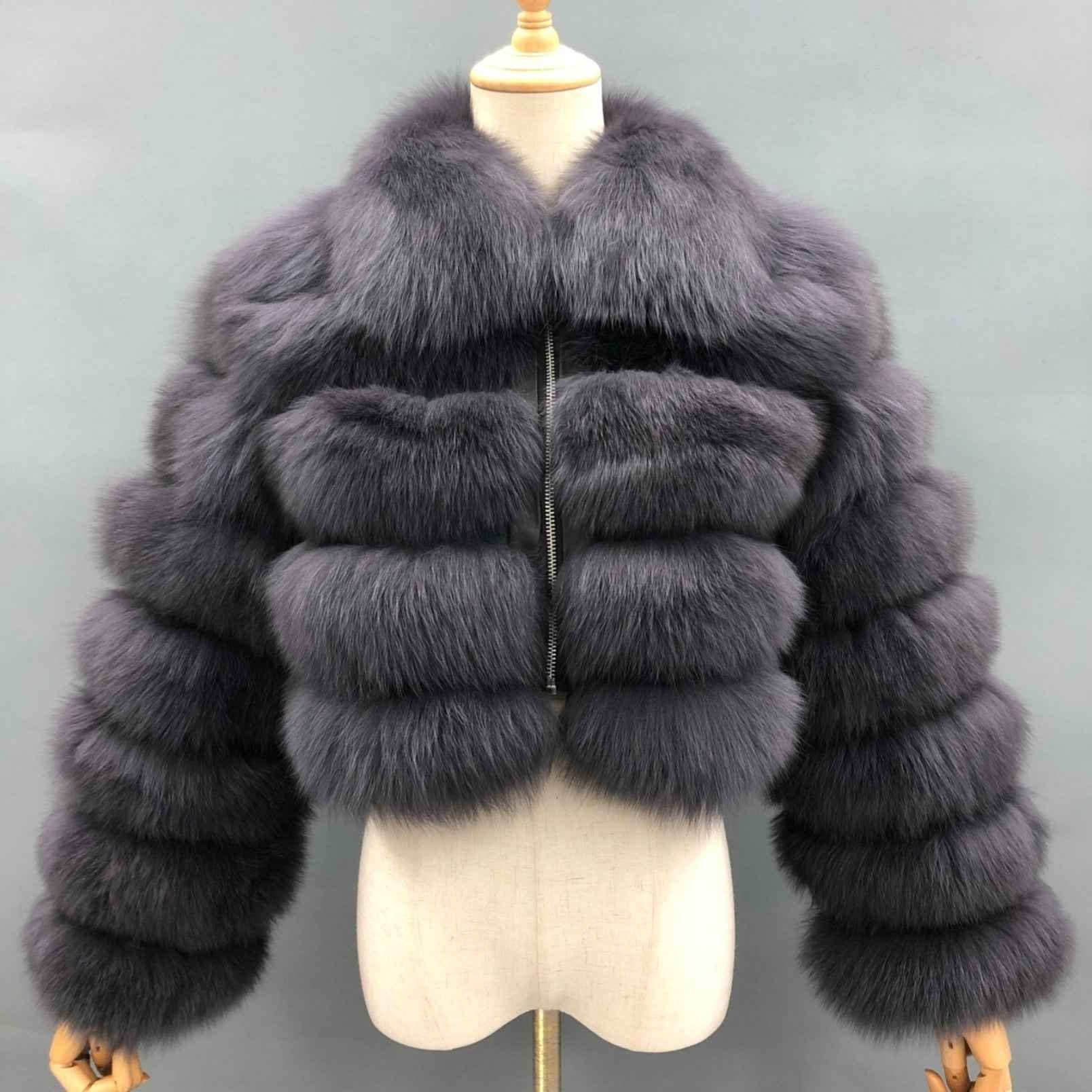 Women's Five Sections Zipper Fox Fur Coat Winter Coat Dark Grey S-chest 92cm