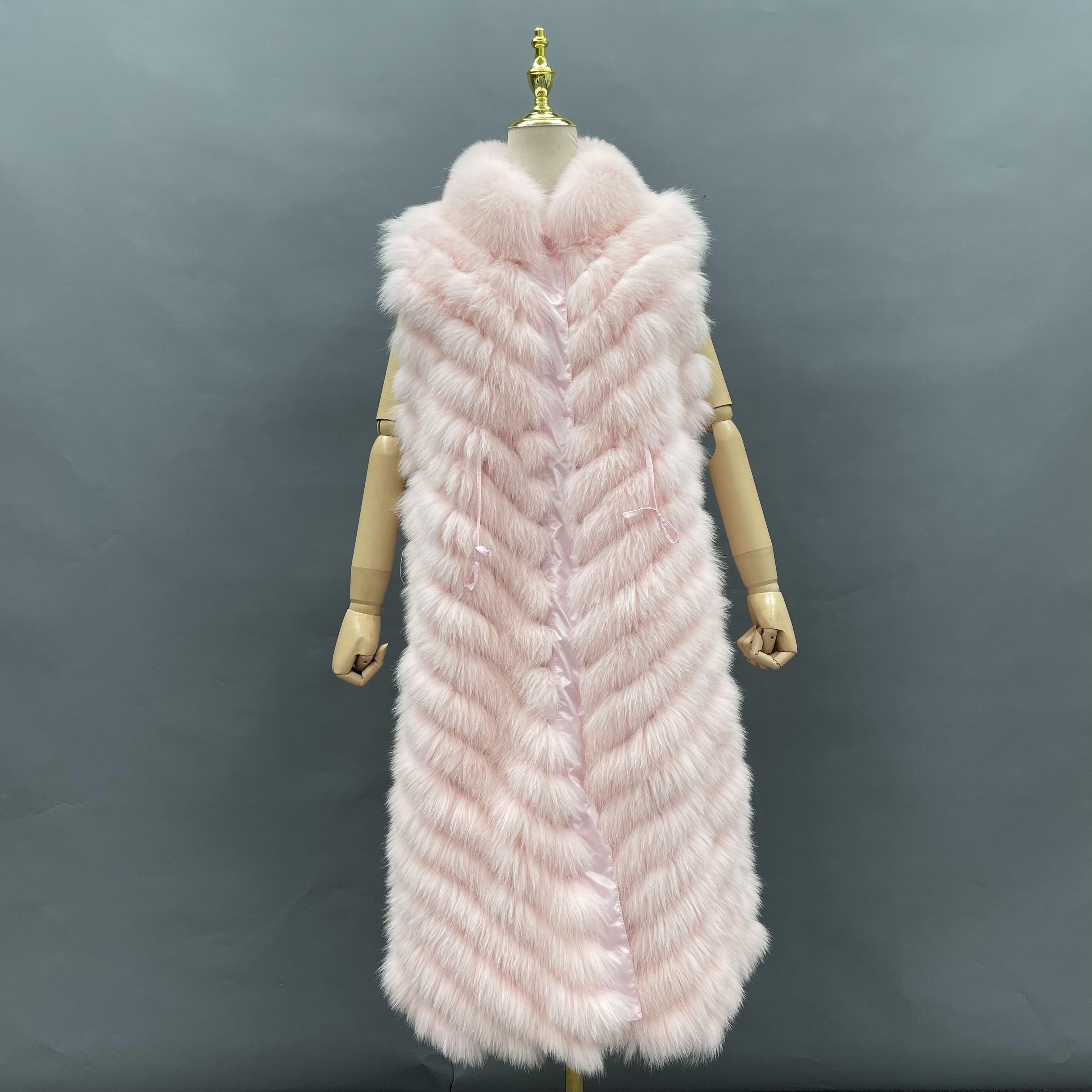 Women's Long Style Real Fox Fur Vest Wear Two Sides Pink Click chat with us