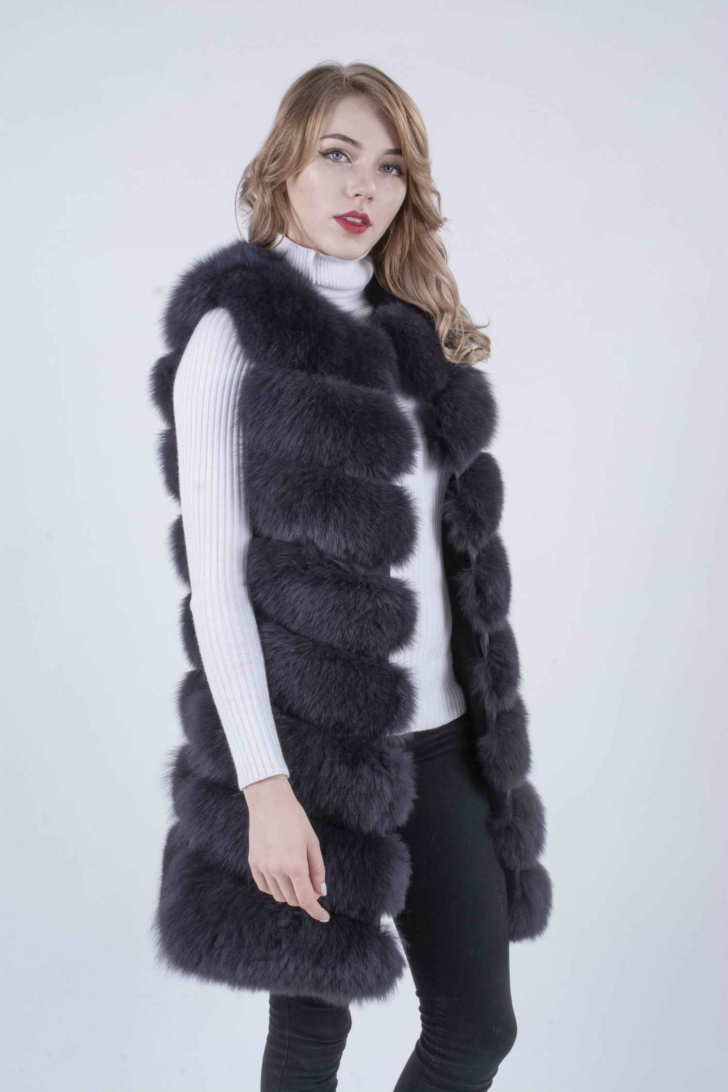 Women's 8-Panel Crew Neck Fox Fur Vest - Luxurious Outerwear