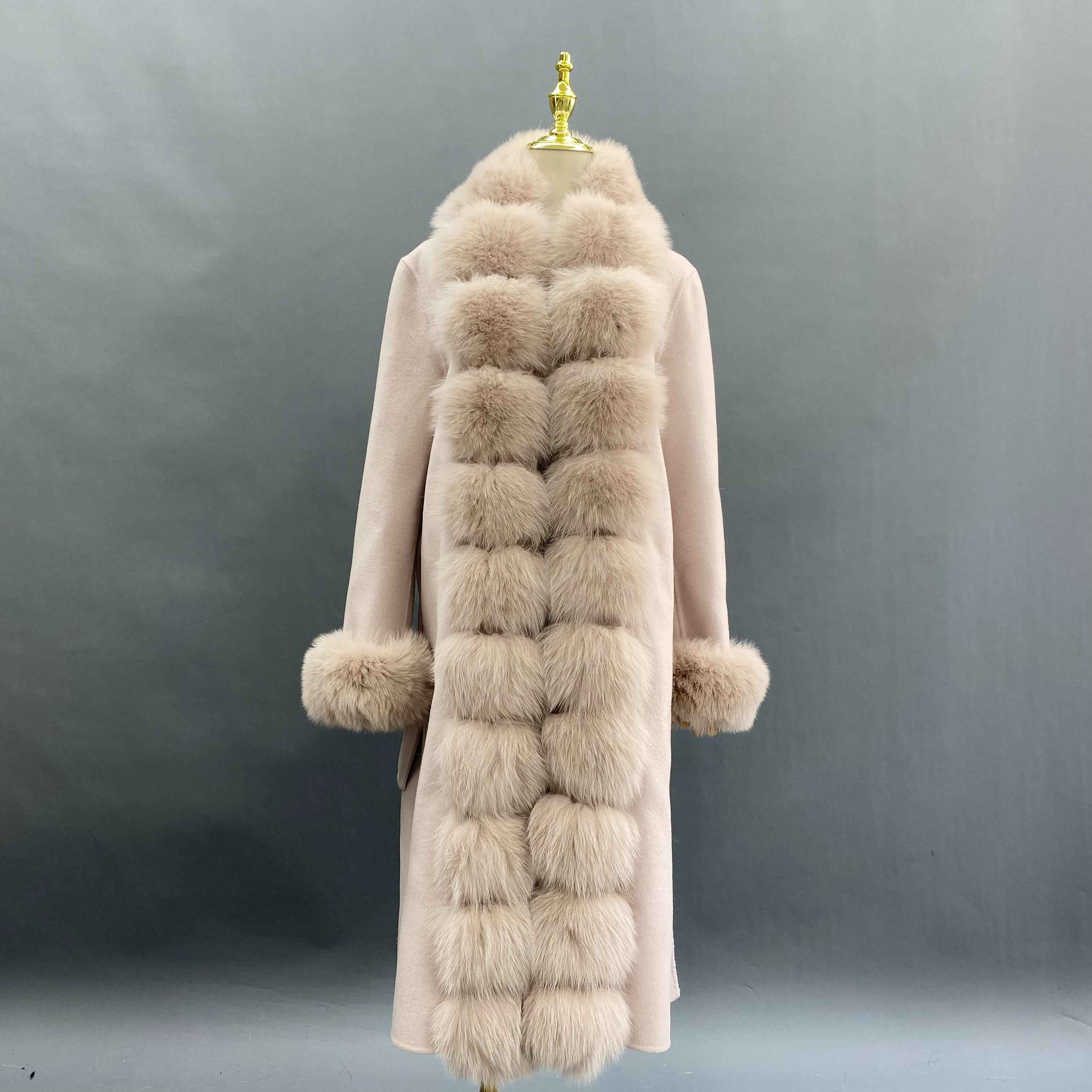 Luxury Cashmere Coat with Tiered Fox Fur Trim and Cuffed Sleeves Khaki