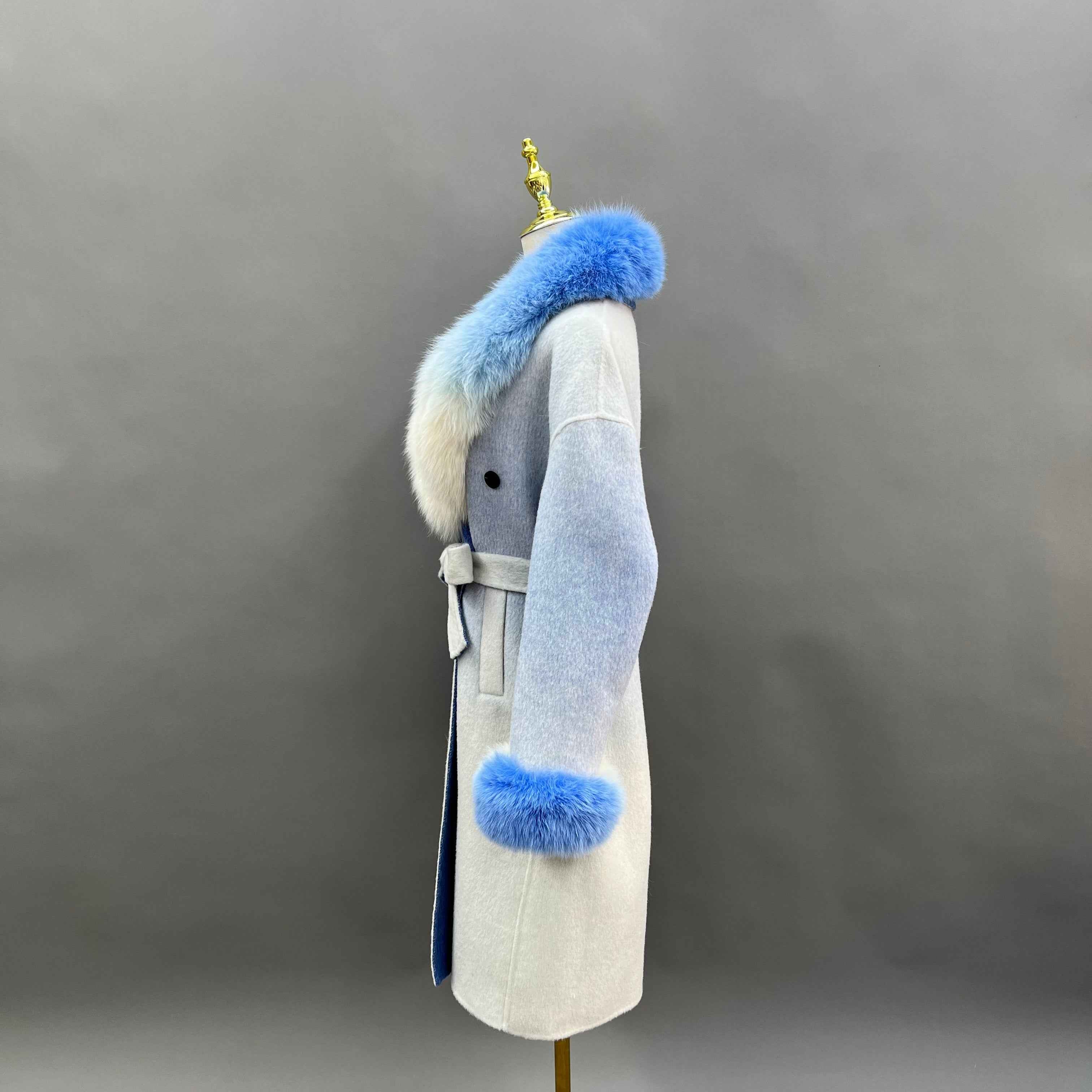 Cashmere Double Faced Coat with Fox Fur Collar & Cuffs and Tie Belt