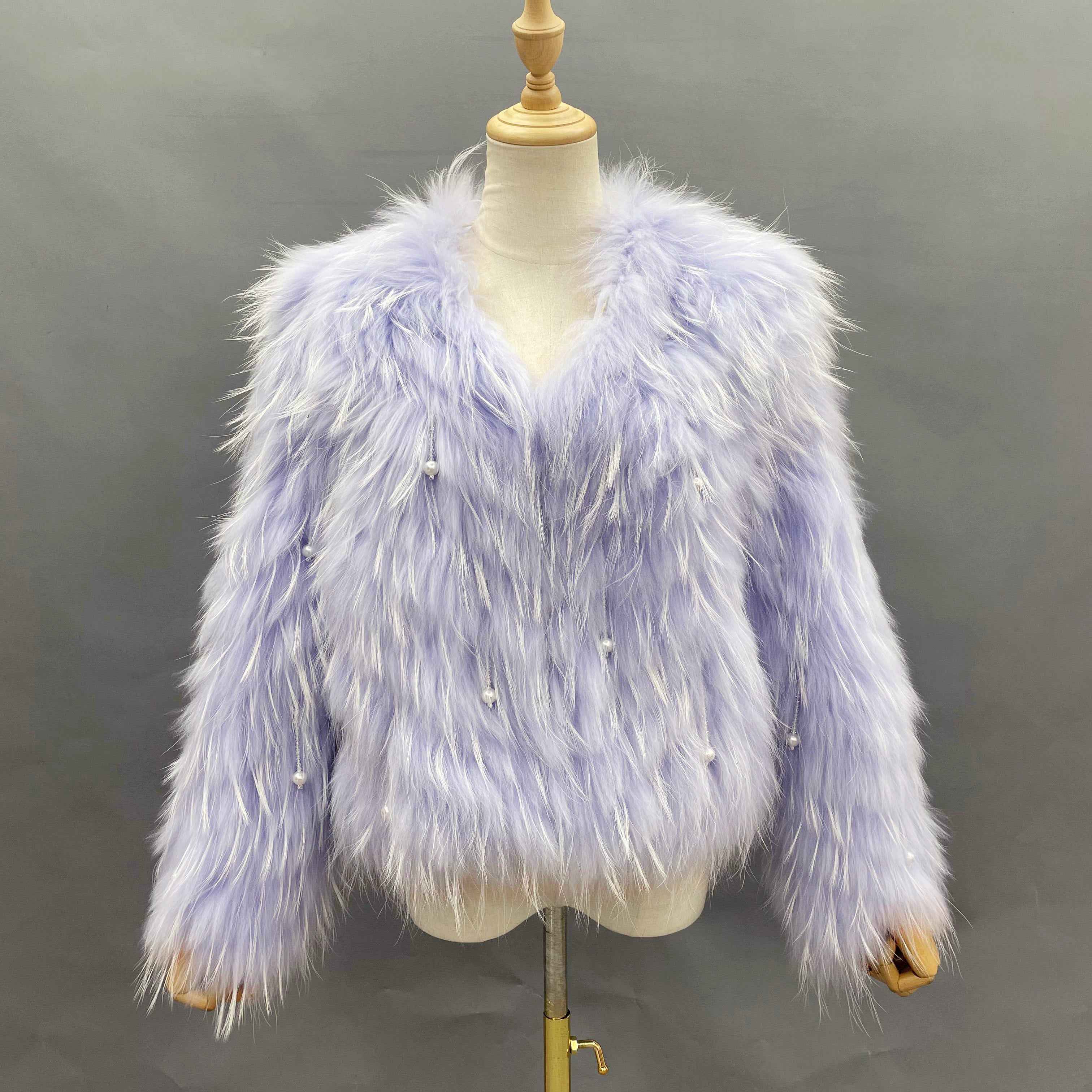Women's Glam Turquoise Raccoon Fur Jacket - Pearl Tassel Striped Cropped Party Outerwear Light Purple F-CHEST 100