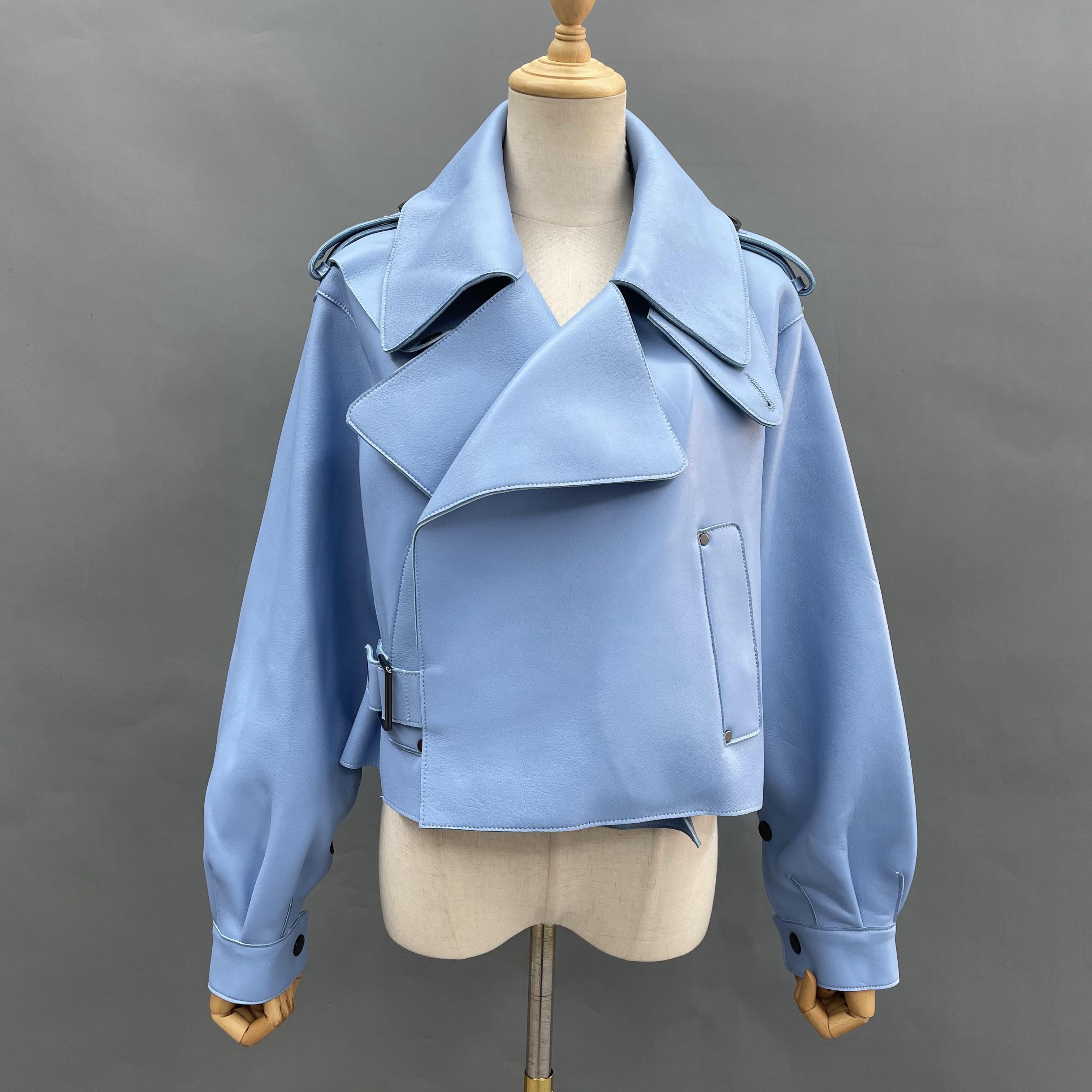 Women's Bright Green Faux Leather Biker Jacket with Wide Lapel, Slant Pockets & Belted Detail - Edgy Street Style Outerwear