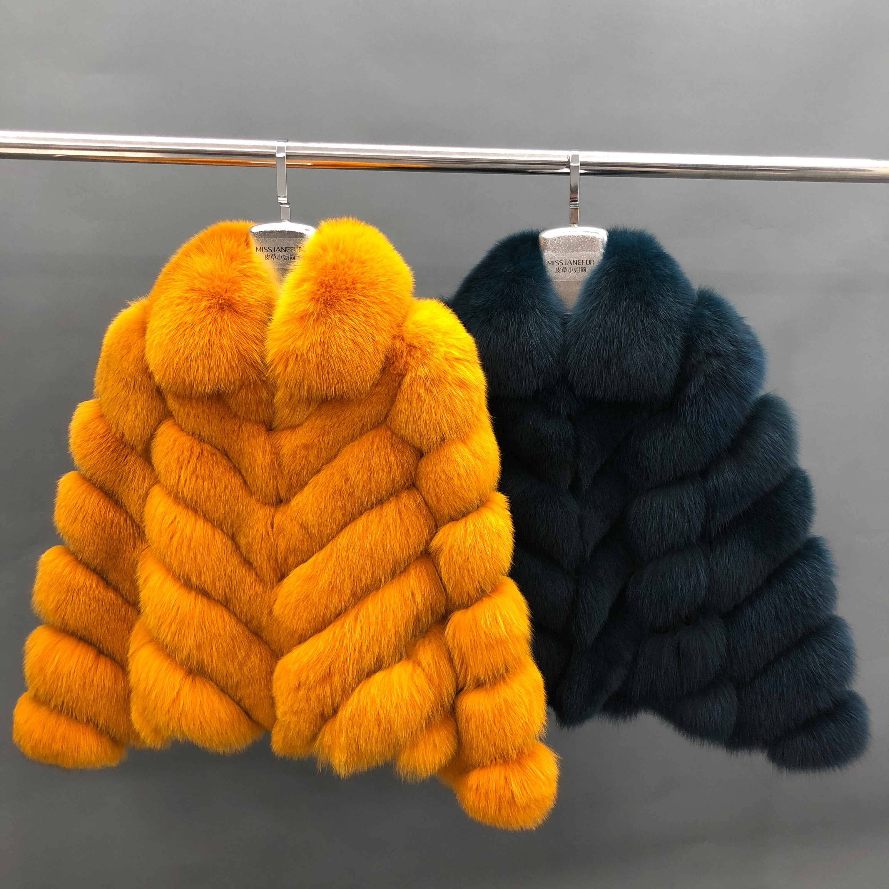 Janefur Fox Fur Coat with Chevron Stripe & Notched Collar - Short Winter Jacket