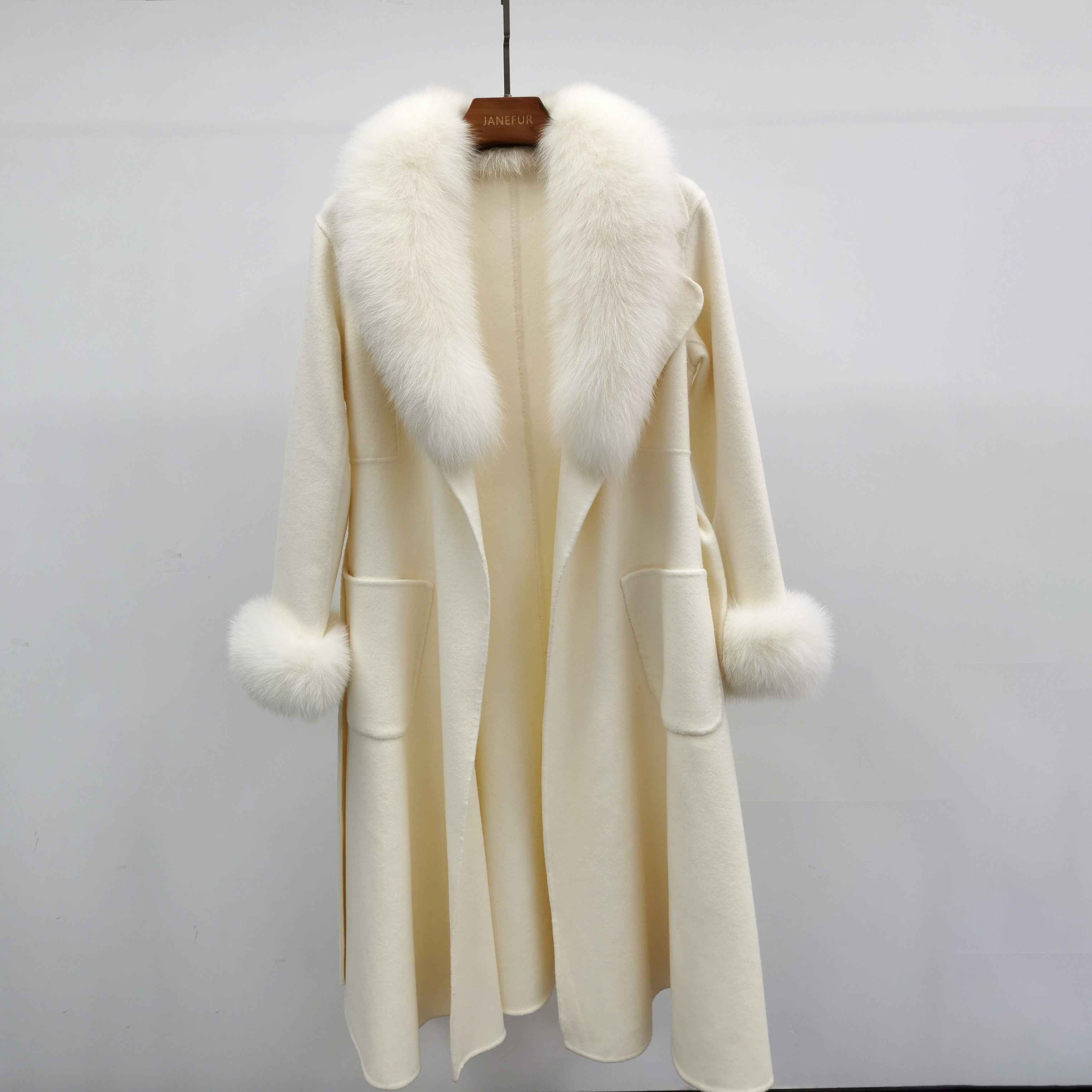 Women's Camel Wool Long Coat with Fox Fur Collar and Cuffs Trim, Elegant Oversized Winter Jacket for Casual Outfits White